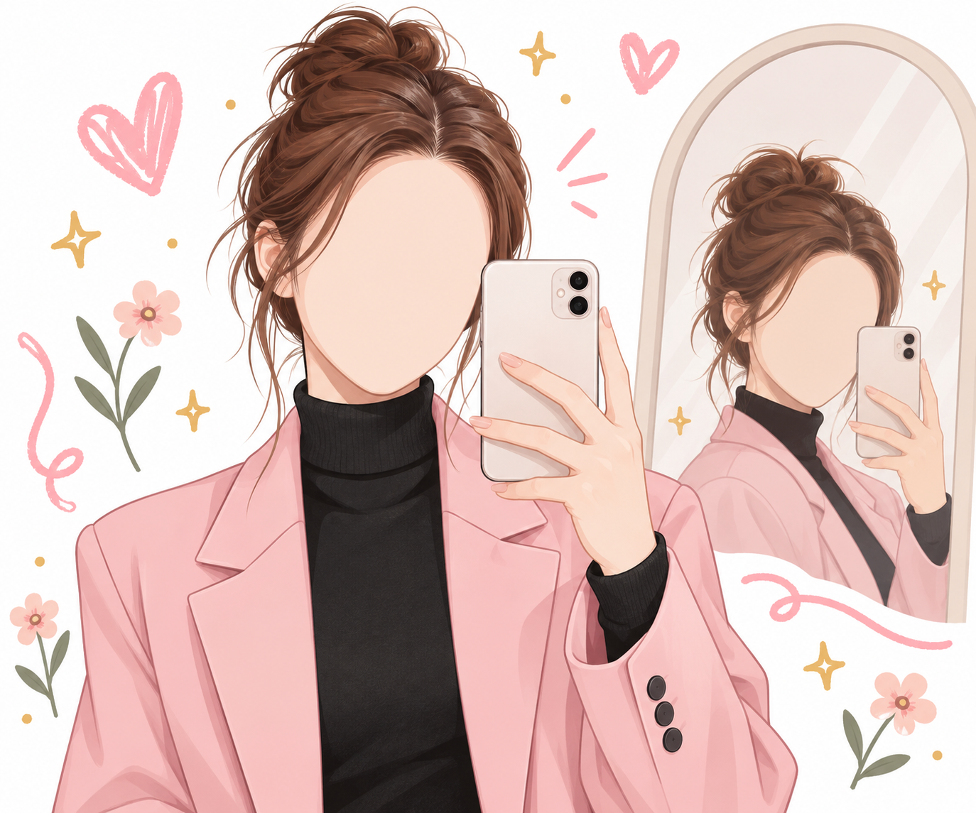 粉色西装无脸成年女性镜面自拍插画