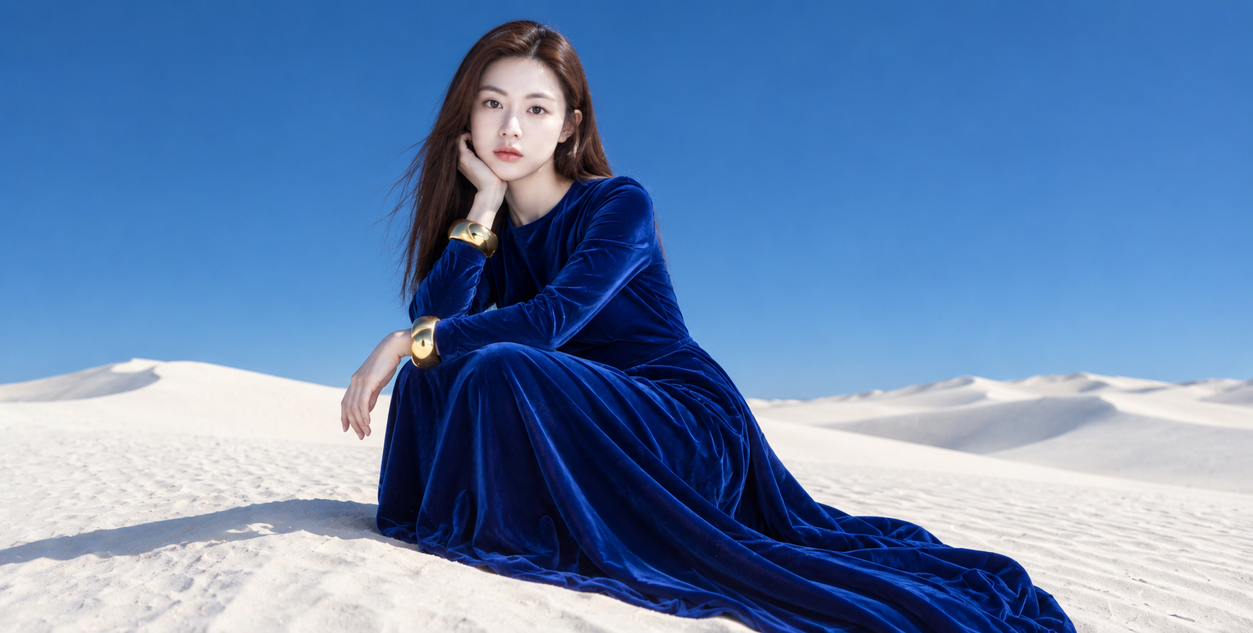 白沙丘与宝蓝天鹅绒礼服的超现实肖像 — AI image creation