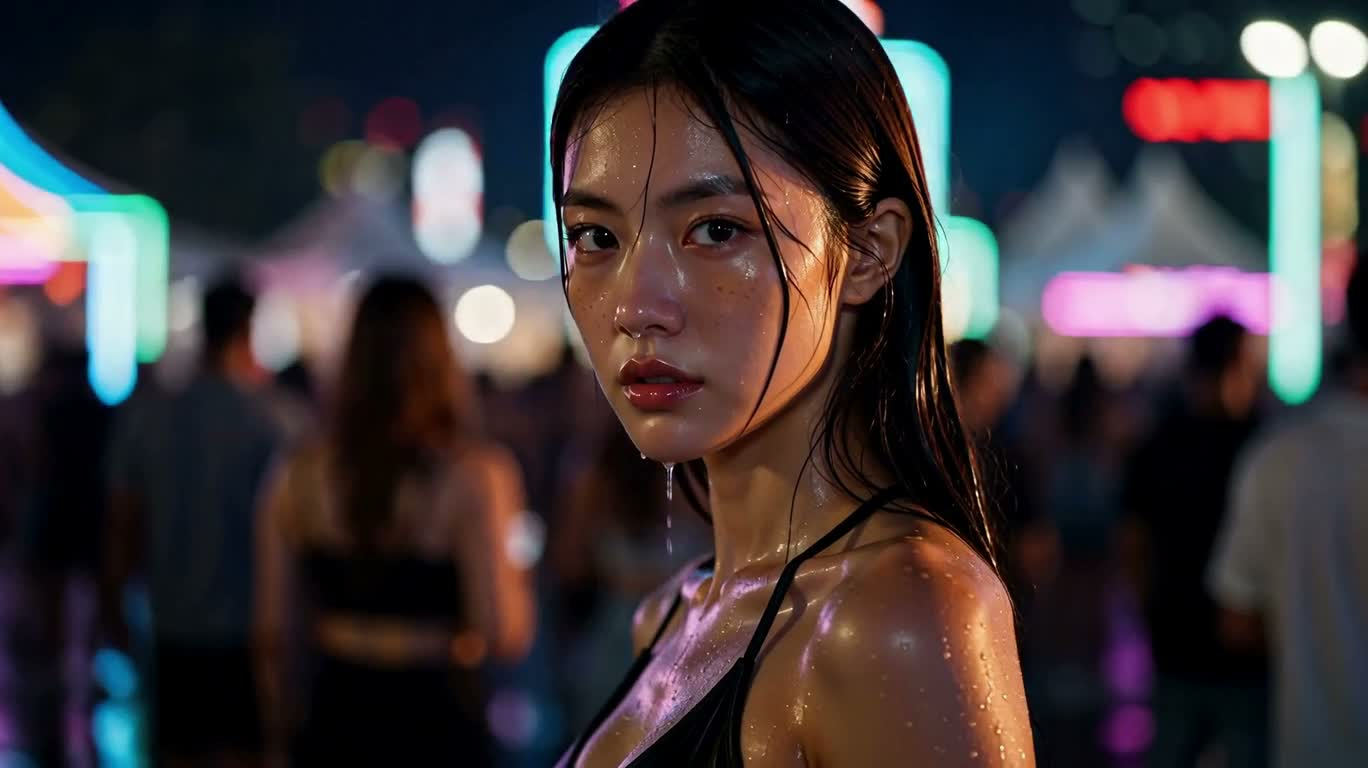 비 갠 네온 테크 페스티벌의 레트로 시선 — AI video creation