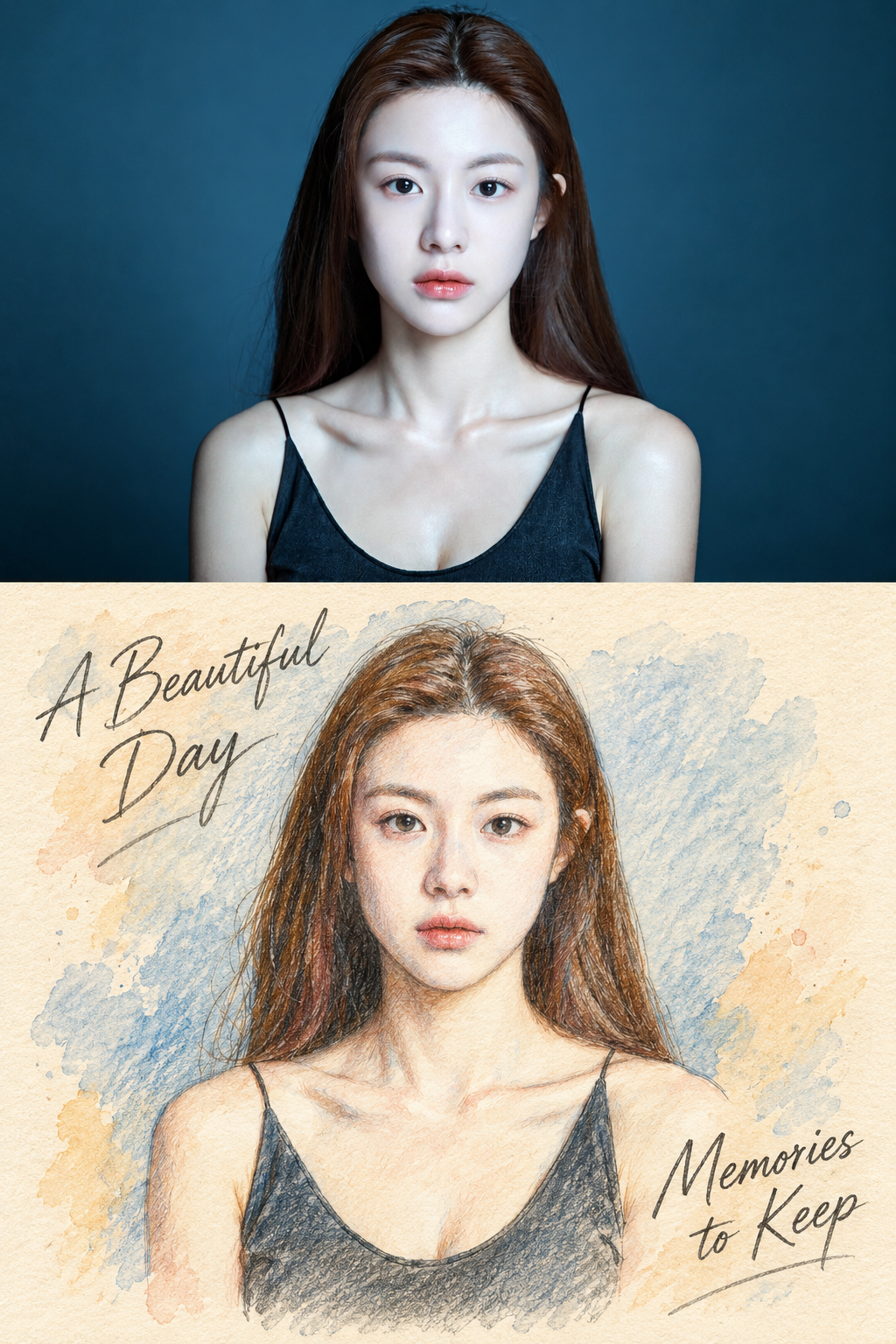 하루의 여행 기억: 실사 사진과 수채 색연필의 이중 레이어 포스터