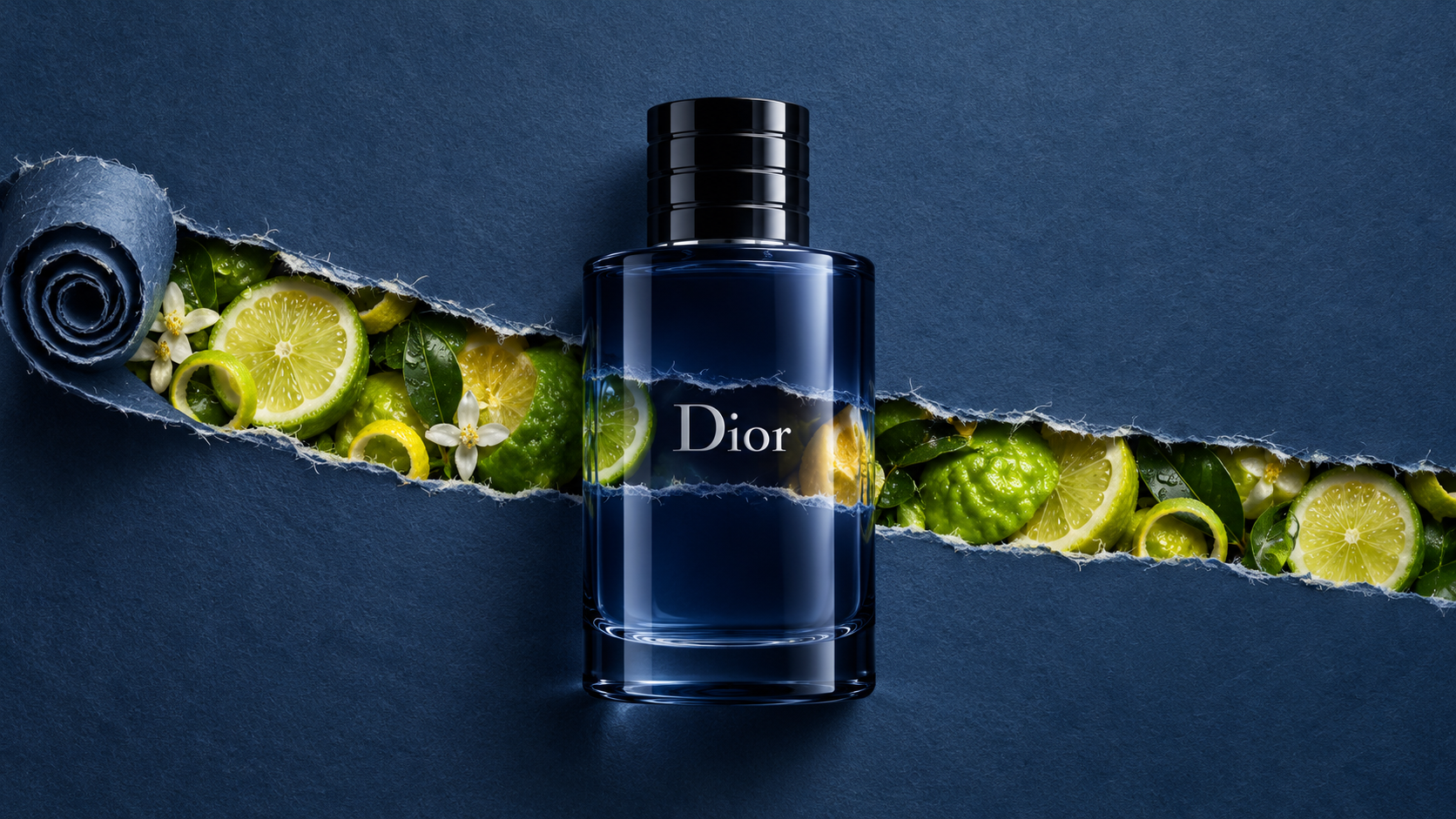 블루 톤 종이 찢김 속 Dior 향수와 베르가못