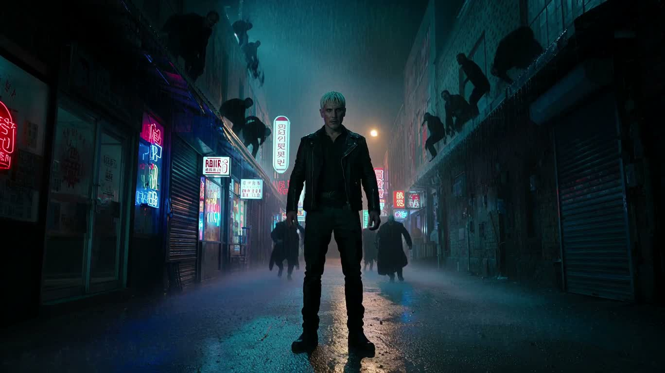 Chasseur de vampires dans une ruelle néon sous la pluie