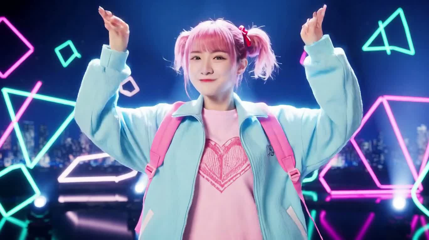 霓虹舞台上的粉发偶像