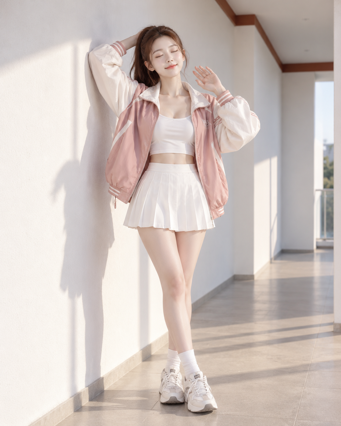 陽射しの廊下に立つピンクと白の配色ジャケットの女性ファッションポートレート