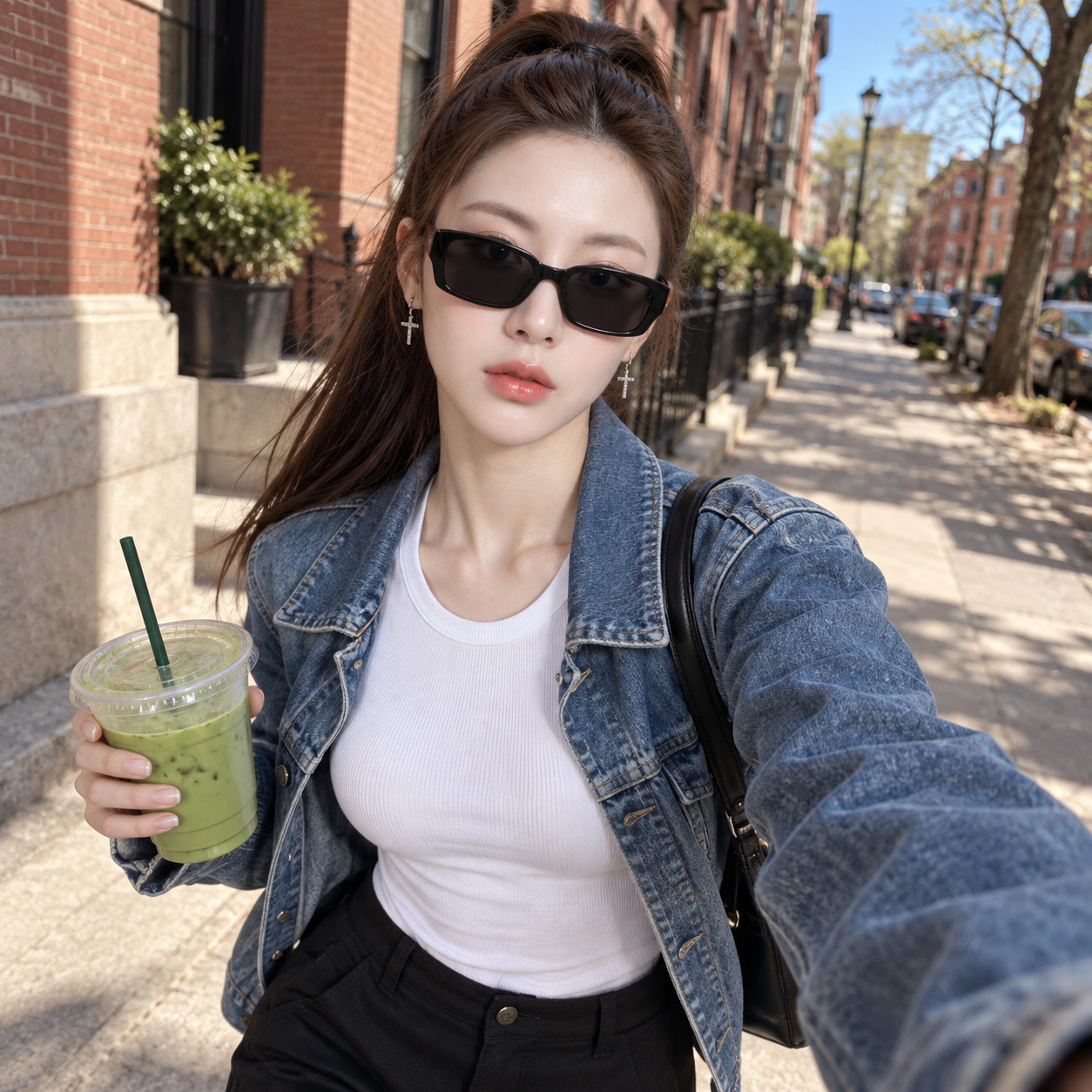 手持抹茶的都市时尚女孩漫步红砖街道