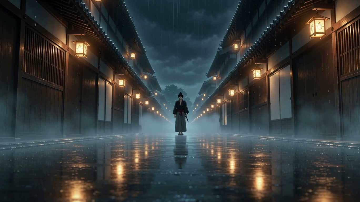 Seul dans la ruelle sous la pluie : l'éclair du ronin