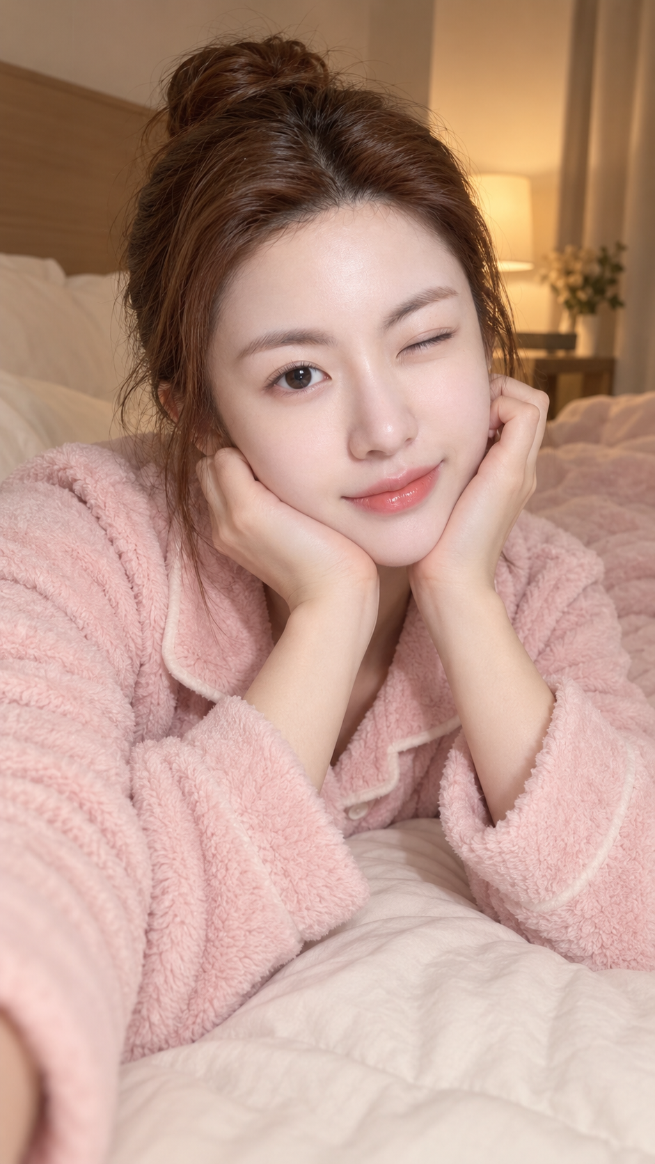 Cozy Bedtime Selfie of an Adult Japanese Woman in Pink Fleece Pajamas