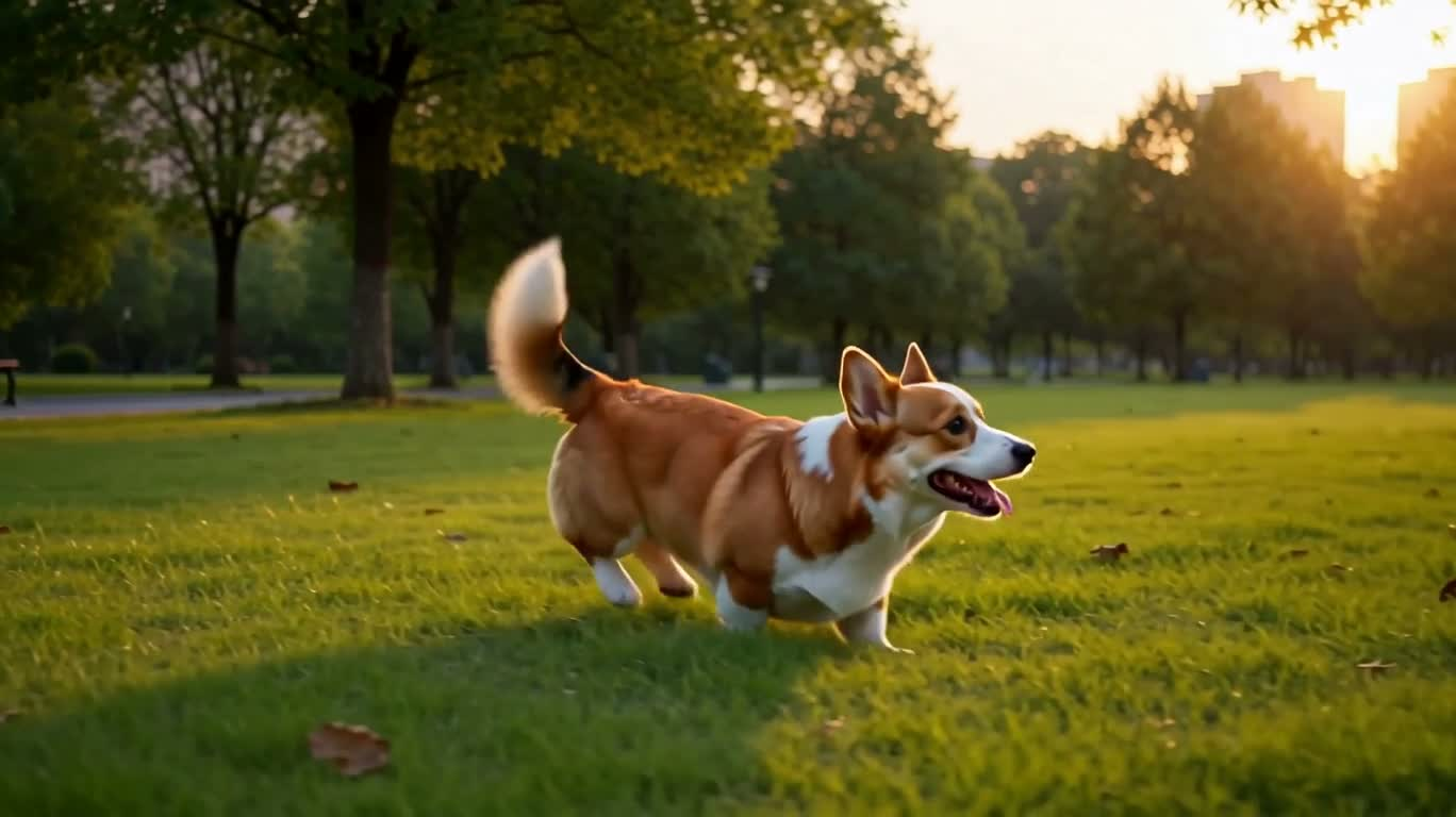 Счастливый корги в парке на закате
