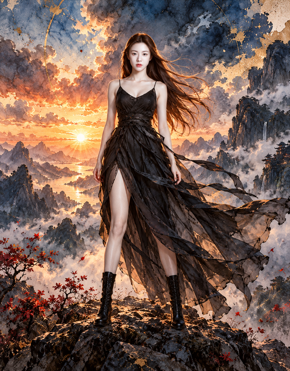 山巅孤影史诗水墨水彩海报 — AI image creation