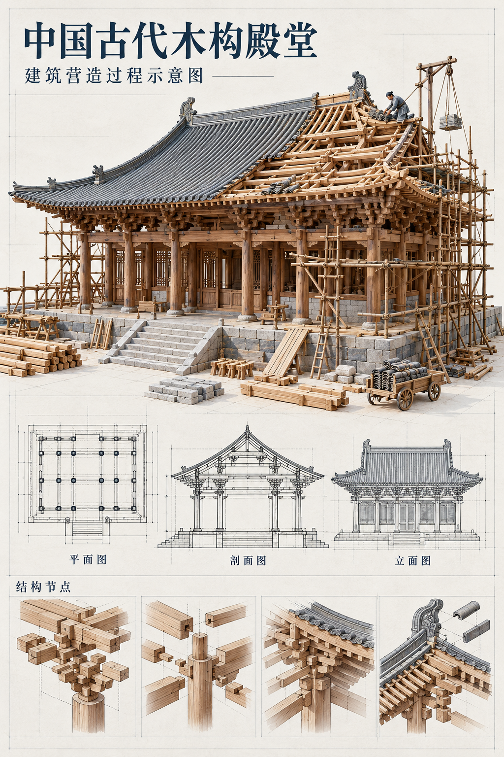 古代中国木构殿堂从现代图纸中立体建造的微缩蓝图