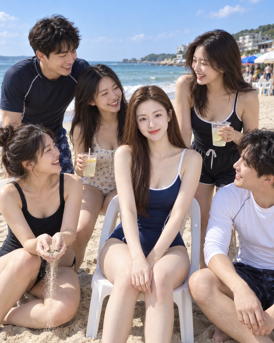 Joyeuse photo de vacances de six amis adultes au bord de la mer