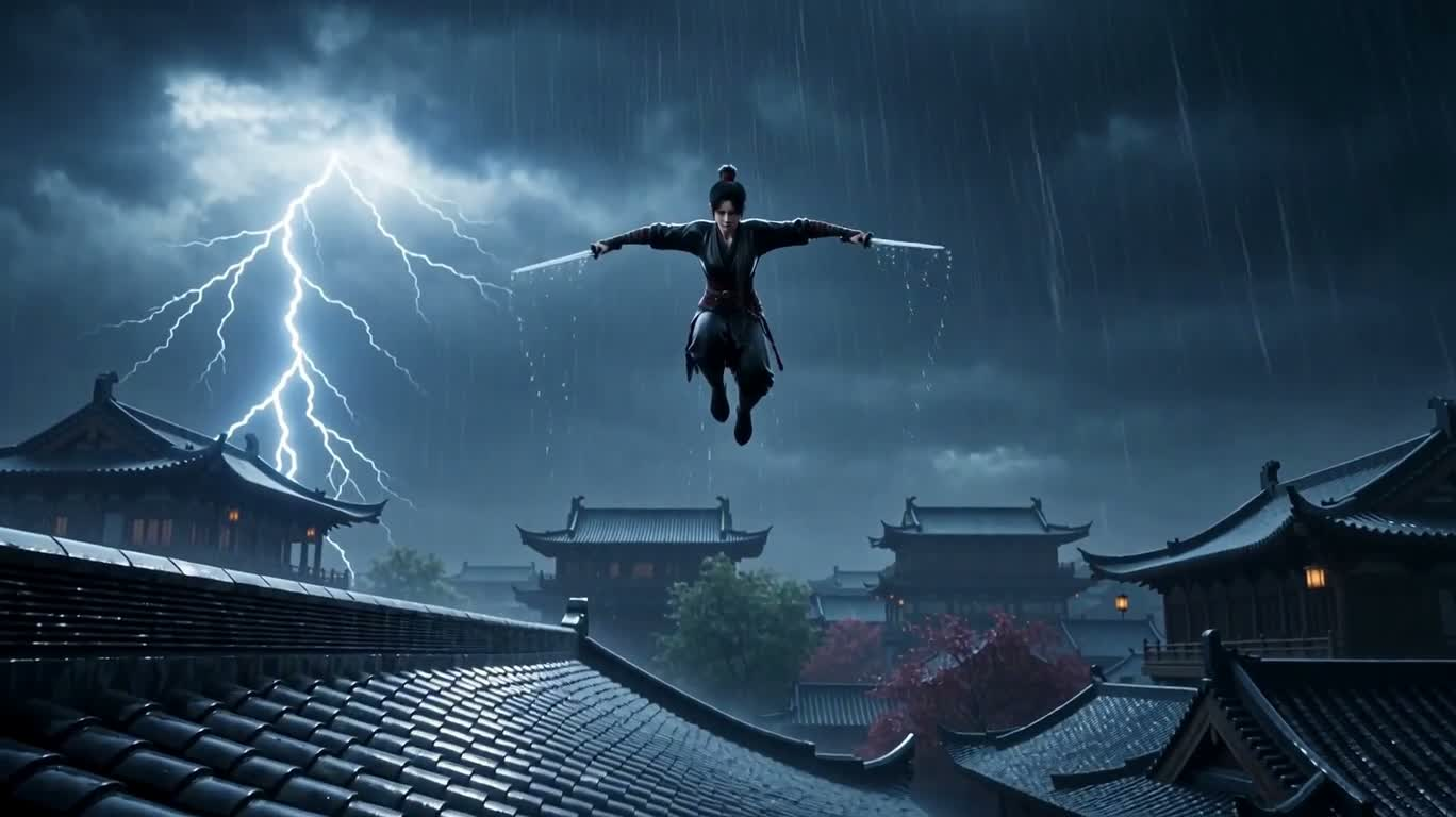 Duel à deux dagues sur un toit sous l'orage