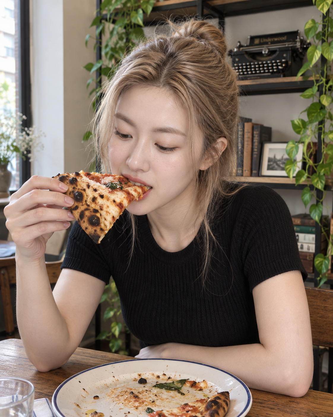 Cô gái tóc vàng thưởng thức pizza trong ánh sáng ấm áp