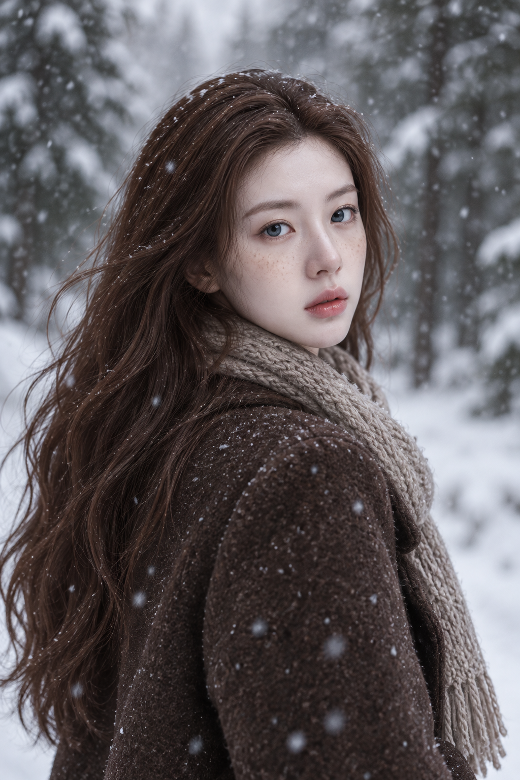 冬日雪林中回眸的成年女性肖像