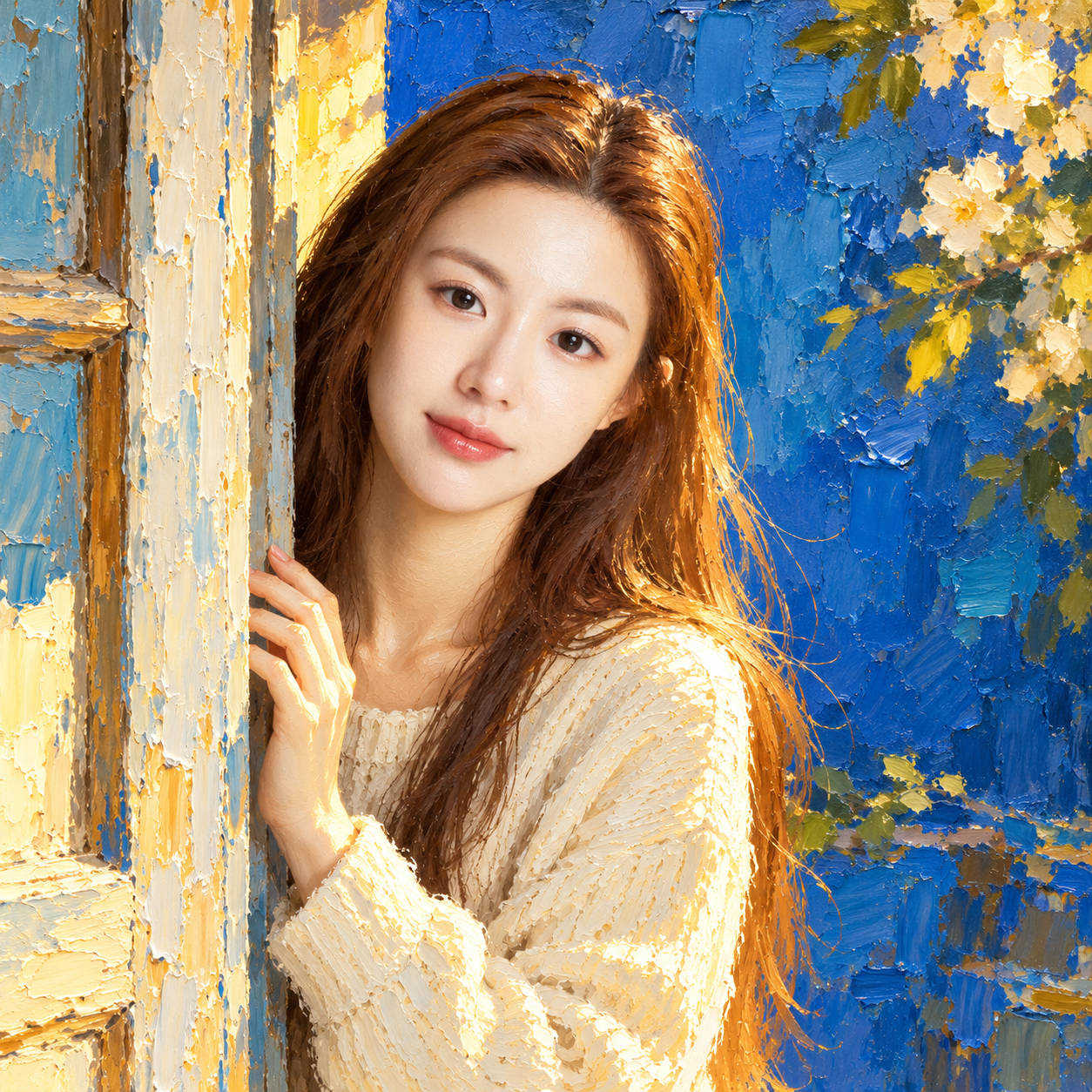 高彩度の厚塗り油彩で描く癒しの身を乗り出すイラスト