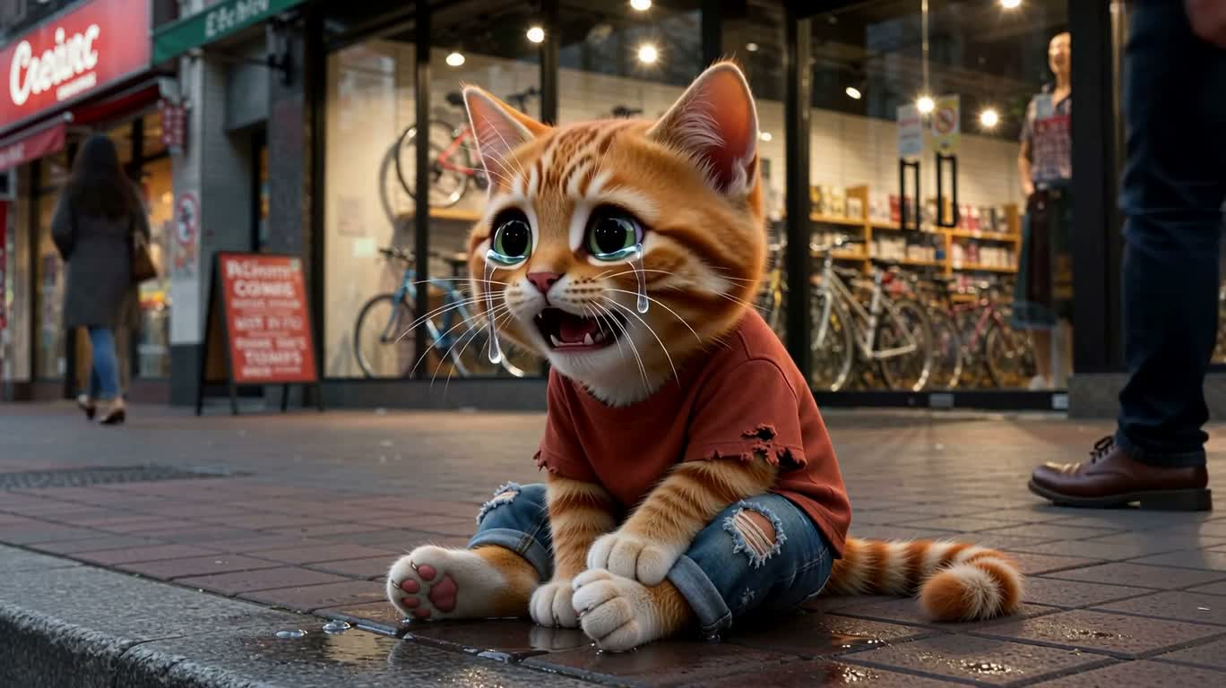雨夜街角哭泣的小橘猫