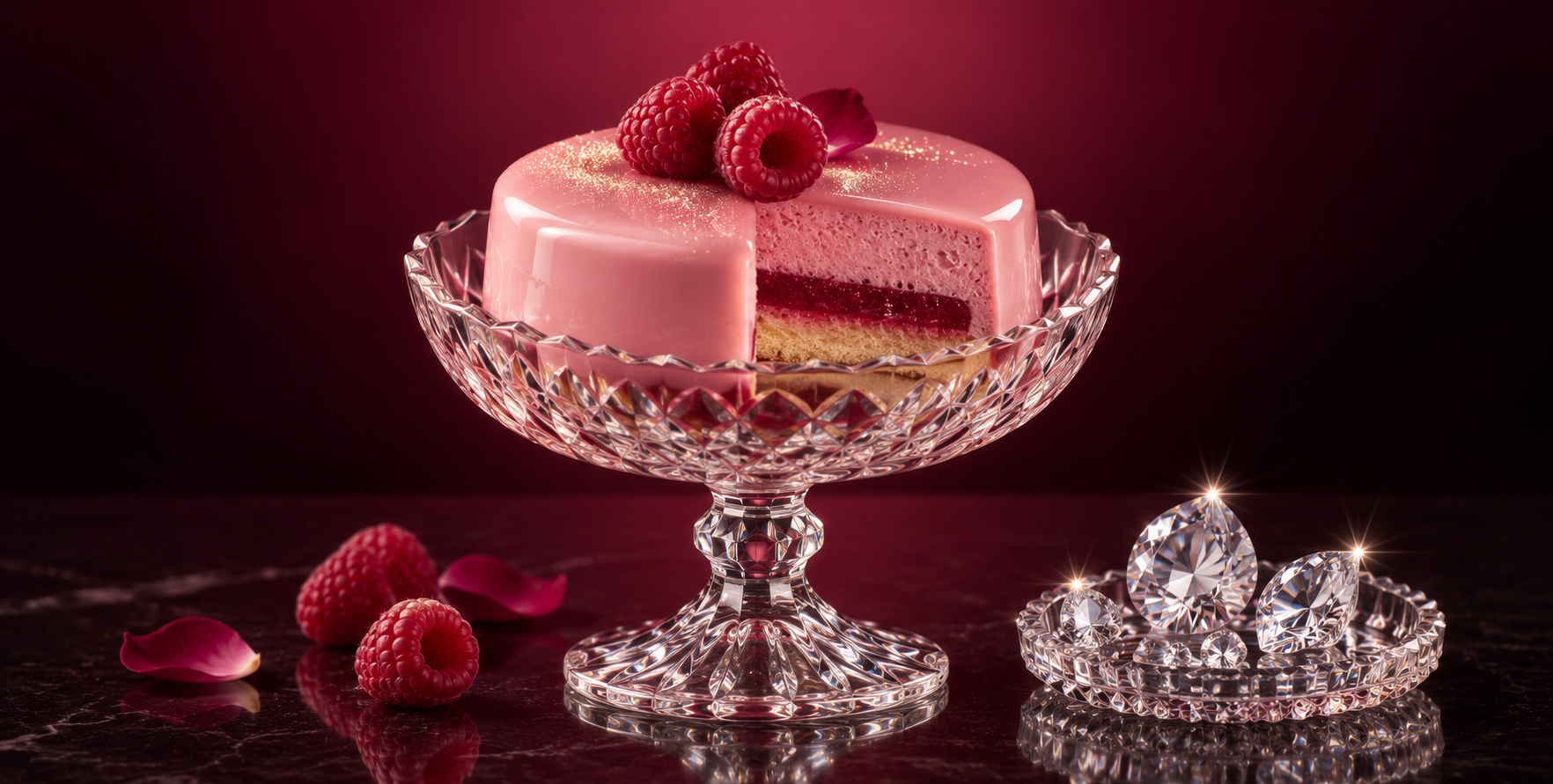 Mousse à la framboise rose et présentation de bijoux scintillants