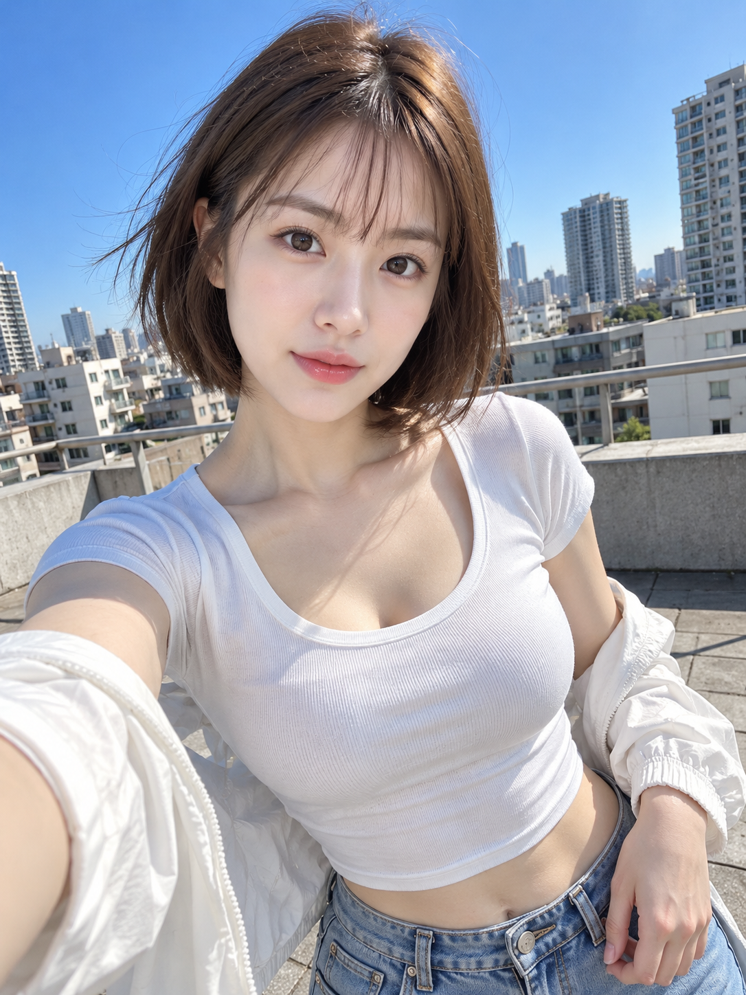 맑은 날 도시 옥상에서 흰 티셔츠 셀카
