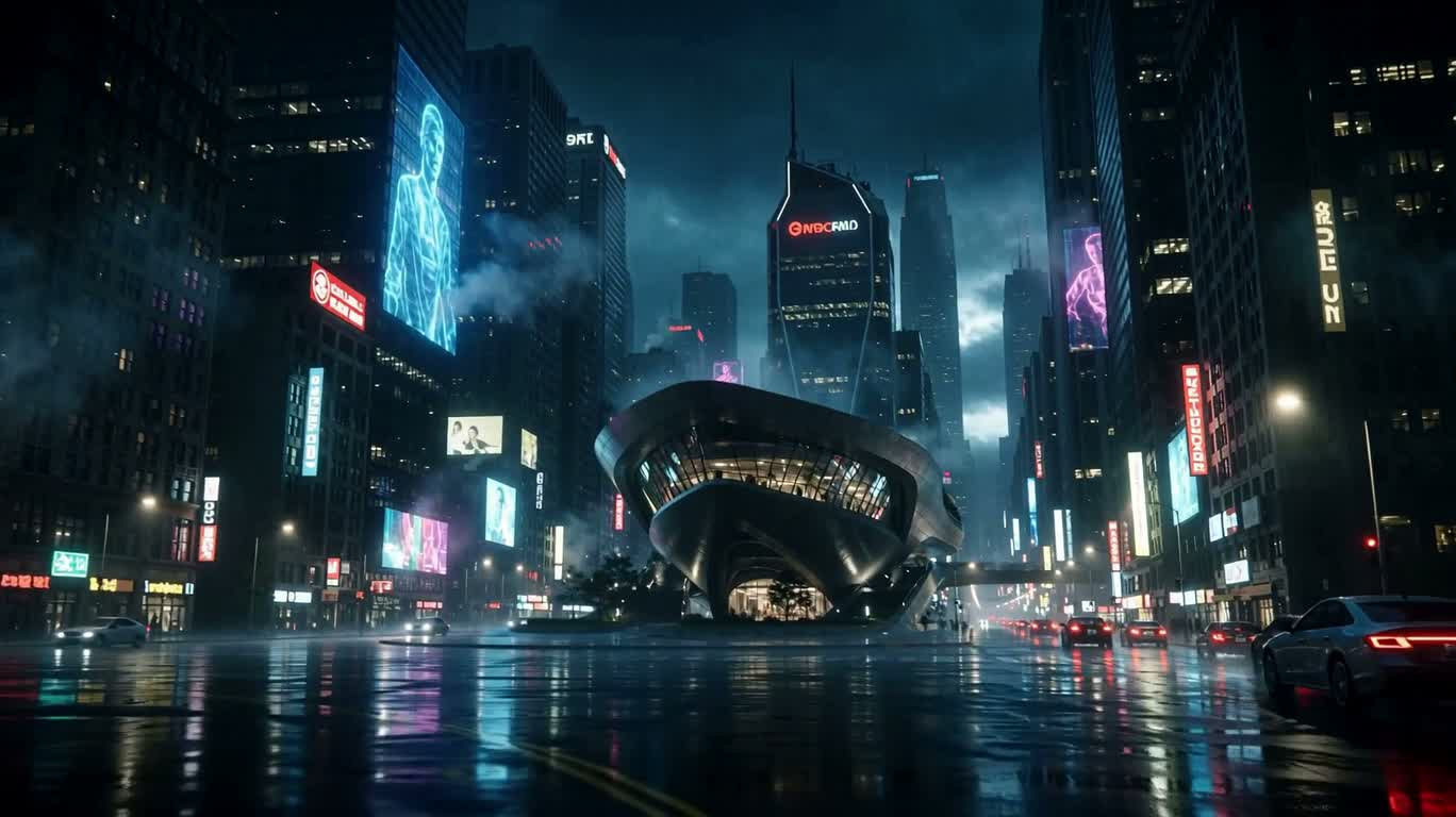 雨夜霓虹流线建筑 — AI video creation