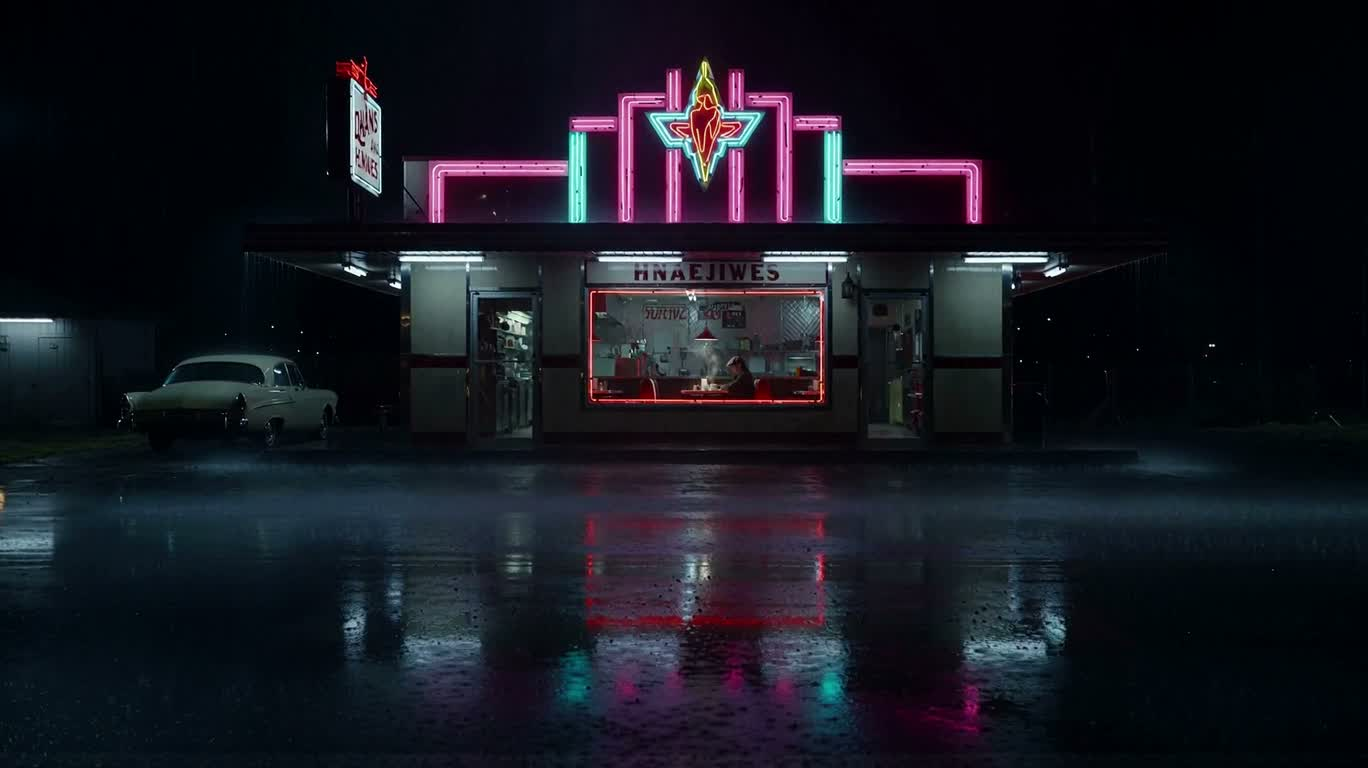 Lonely Diner in Neon Rain