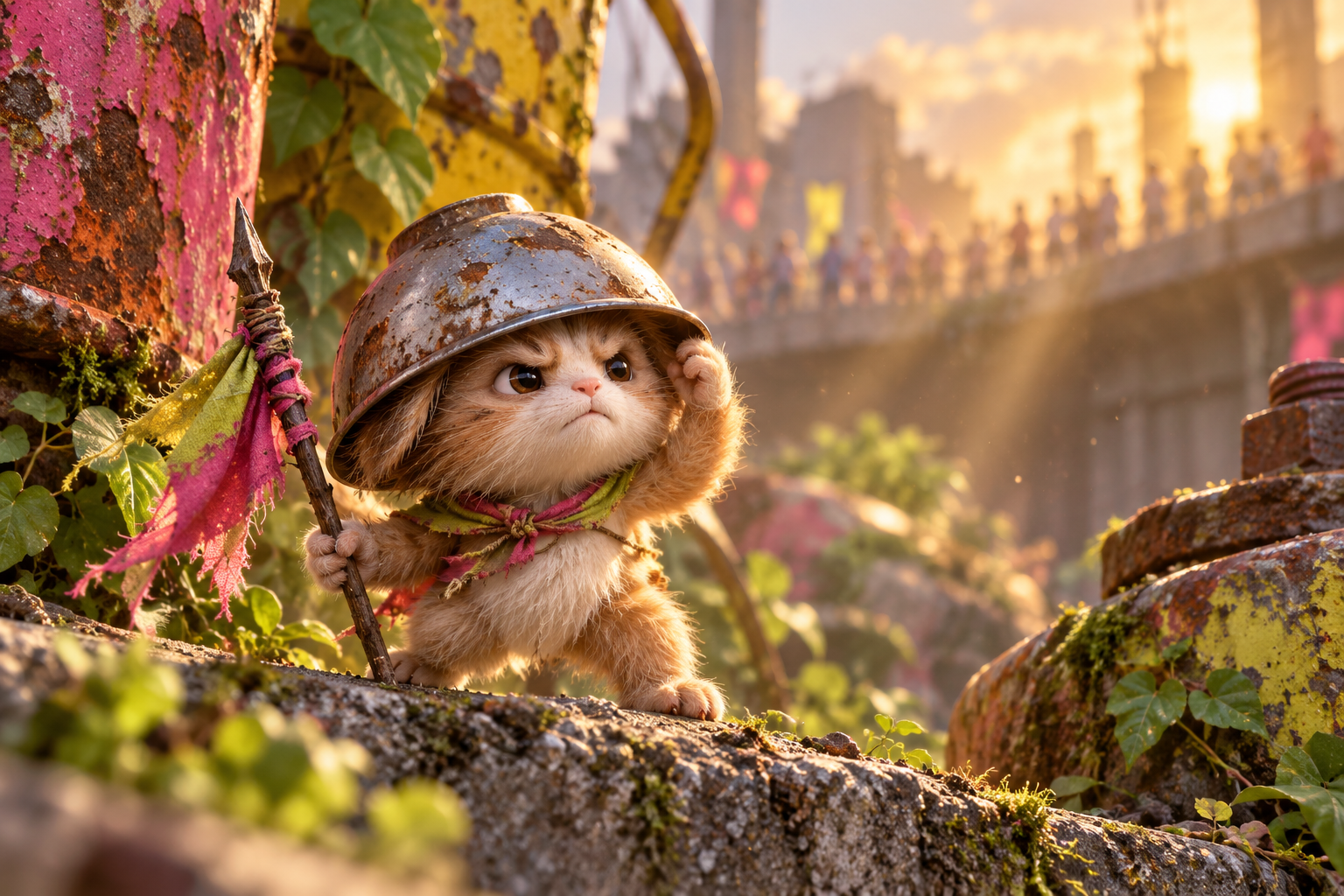 巨物世界里戴临时头盔的毛茸茸小勇士 — AI image creation