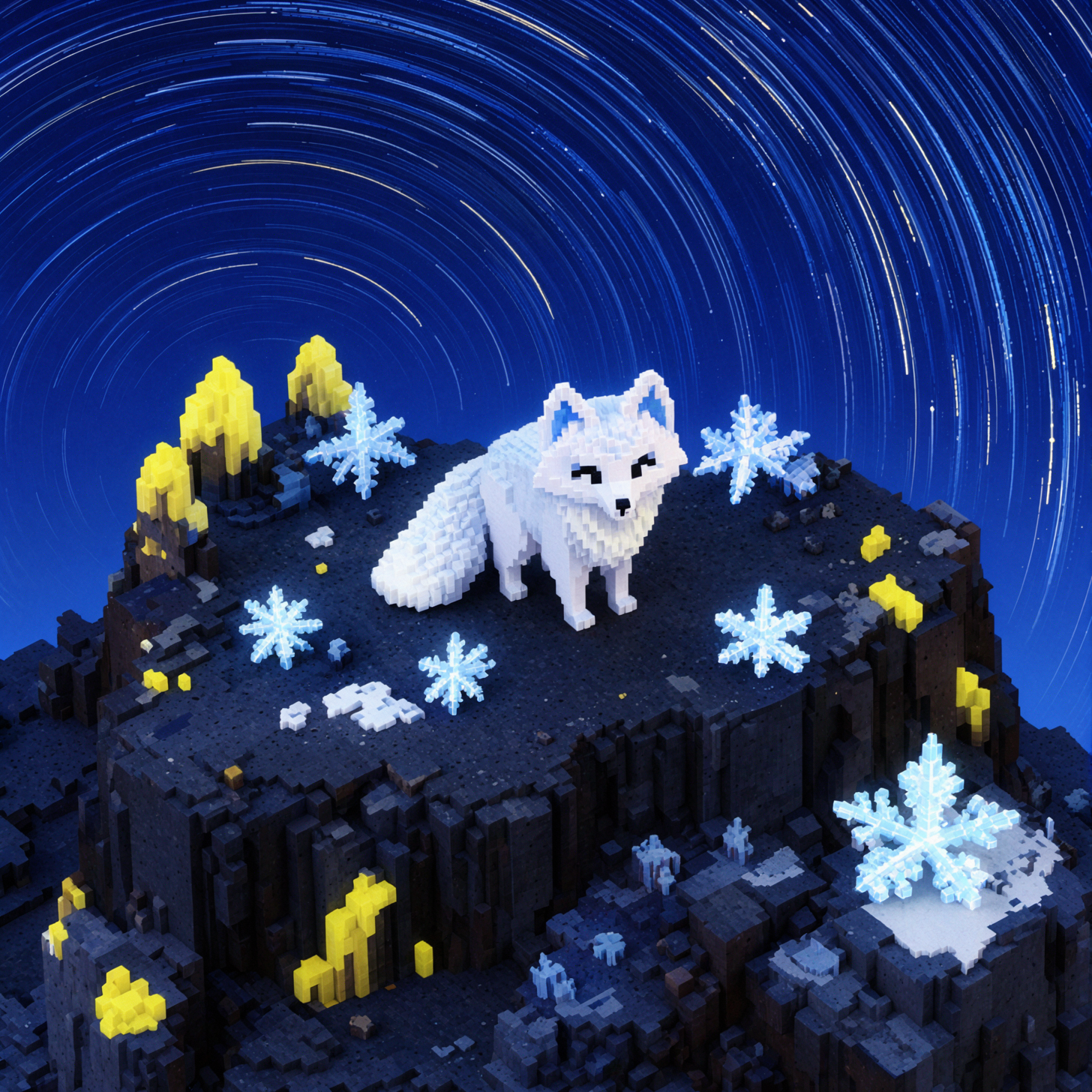 Snow Fox Under Star Trails · Voxel Miniature