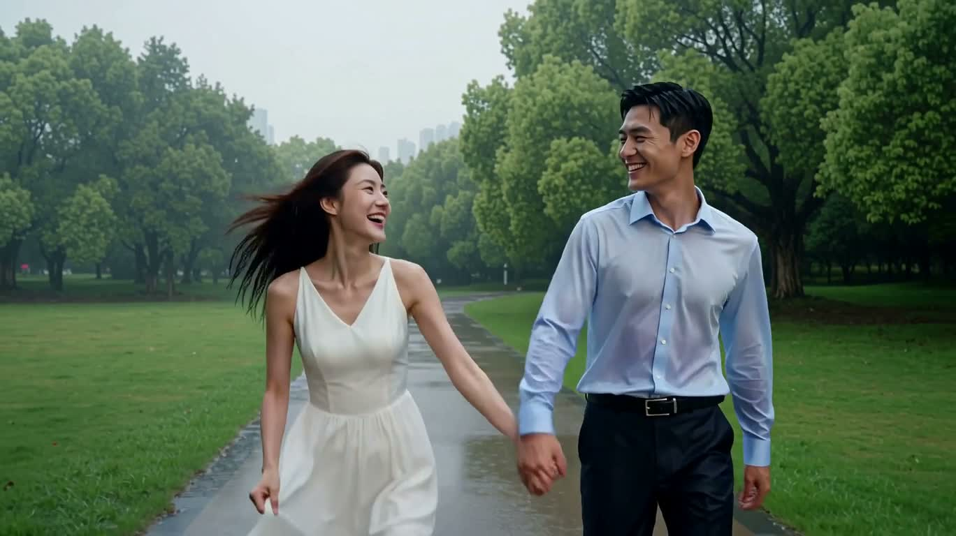 雨中公园恋人漫步