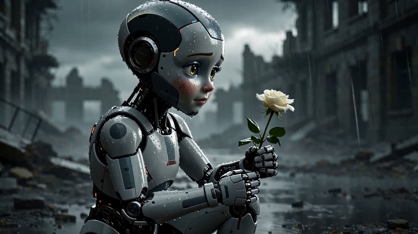 雨の廃墟に咲く白い薔薇 — AI video creation
