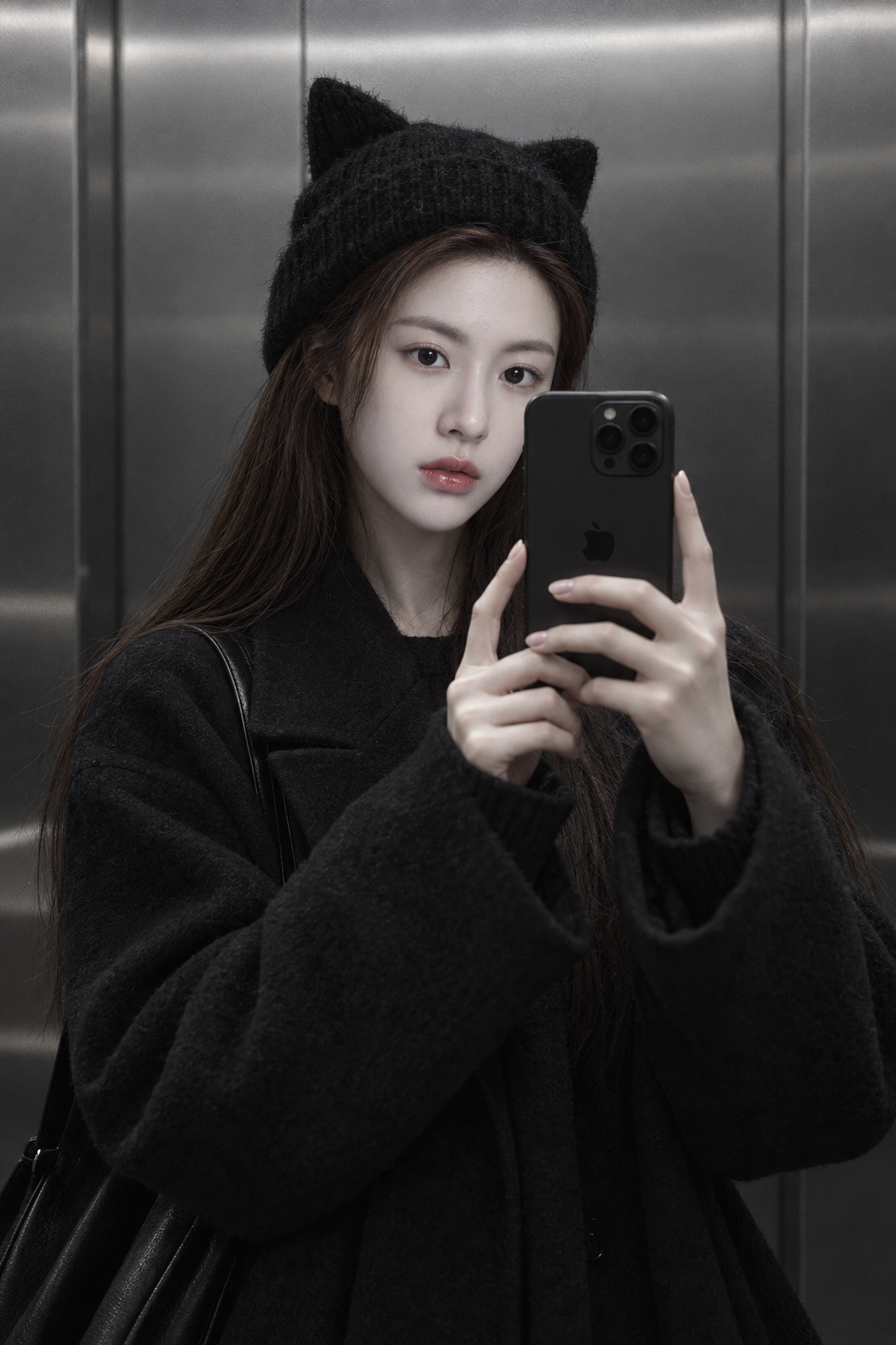 极简黑白风电梯镜面中的猫耳少女侧颜