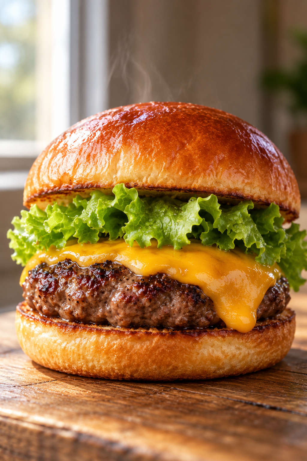 Macro d'un cheeseburger sur une table en bois près de la fenêtre