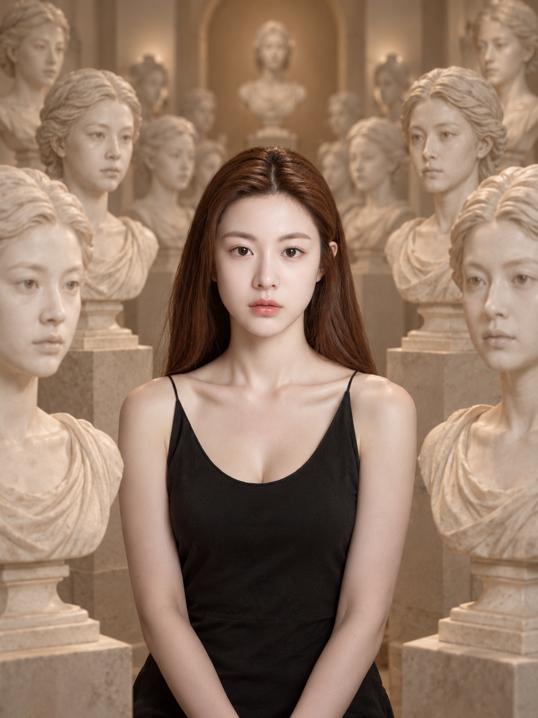 성인 인물과 석조 흉상에 둘러싸인 박물관 초현실 초상