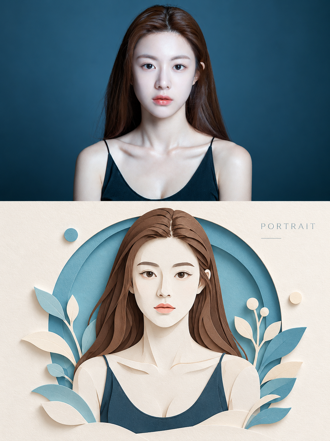 Paper-cut miniature scenes and real-life photography comparison poster