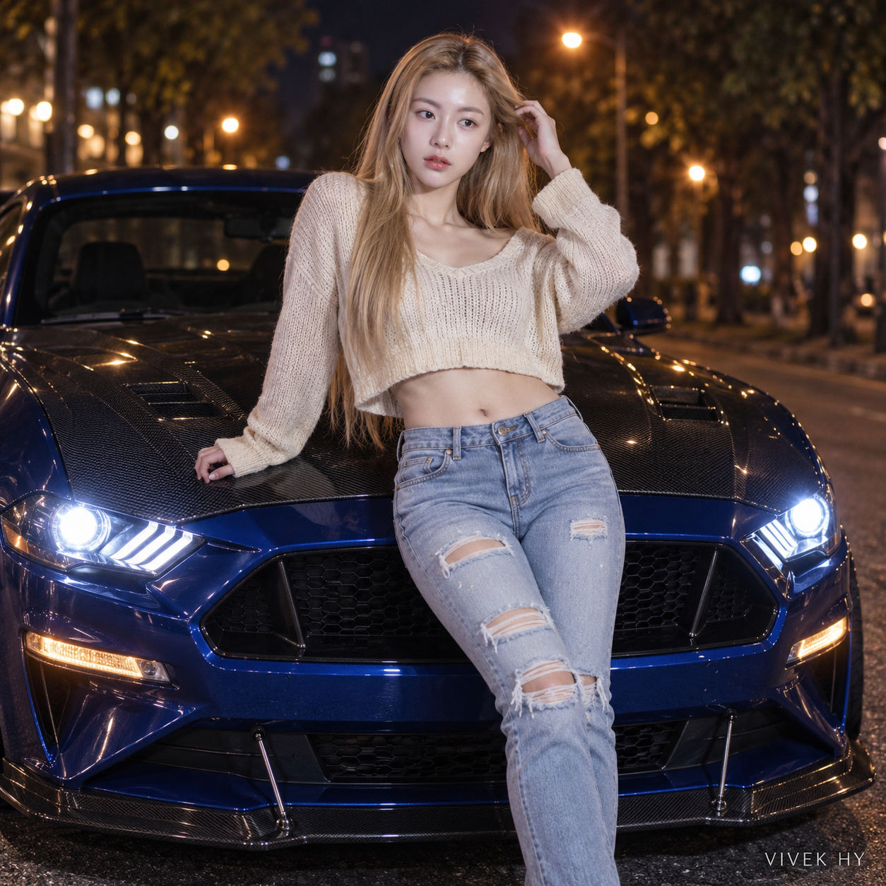 夜色蓝色野马旁的金发成年女性街头时尚肖像 — AI image creation