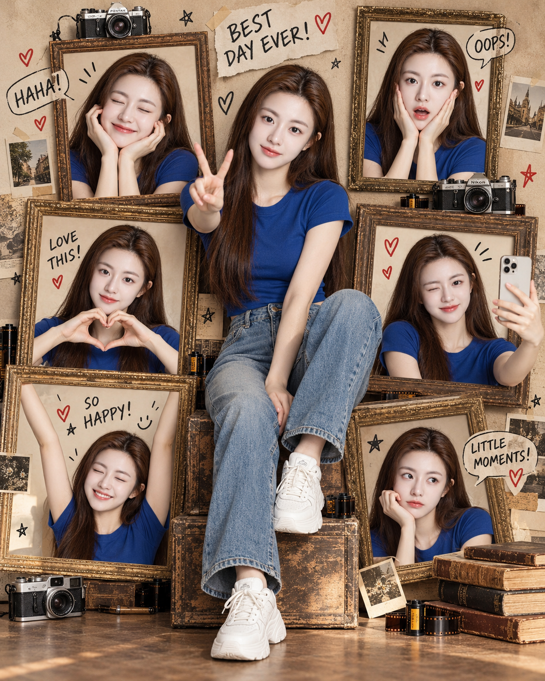 빈티지 프레임 콜라주 로열 블루 티셔츠 소녀 화보 포스터