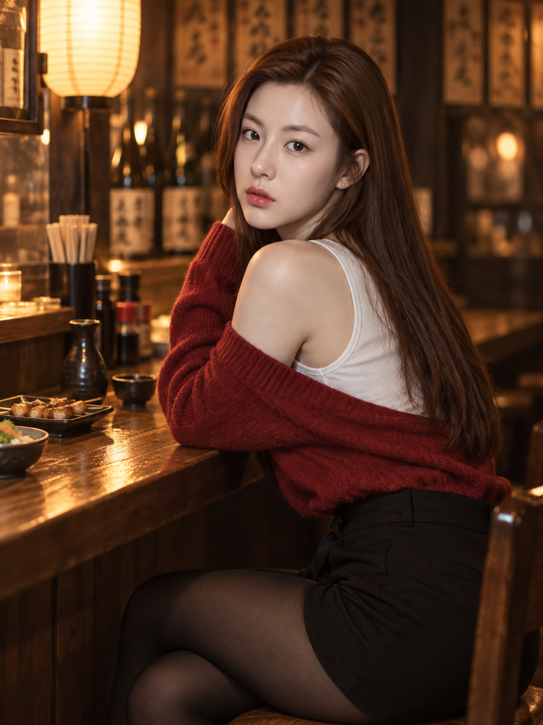红色针织造型的居酒屋成年女性电影感肖像