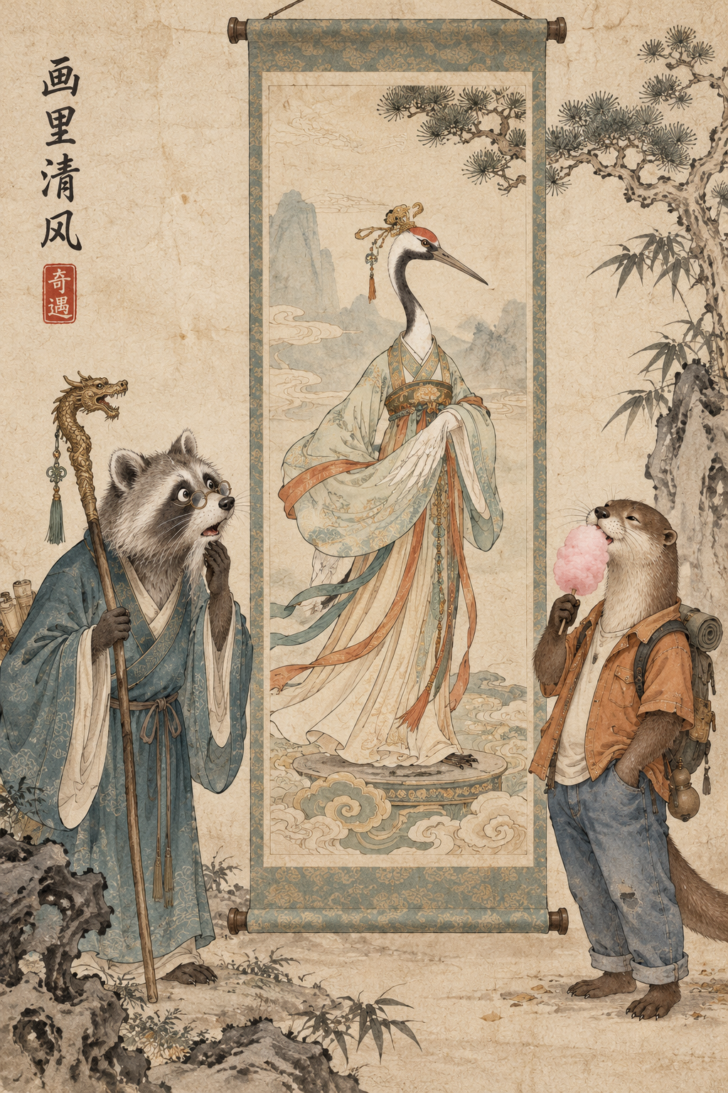 画轴中的古今奇遇·动物水墨趣景 — AI image creation