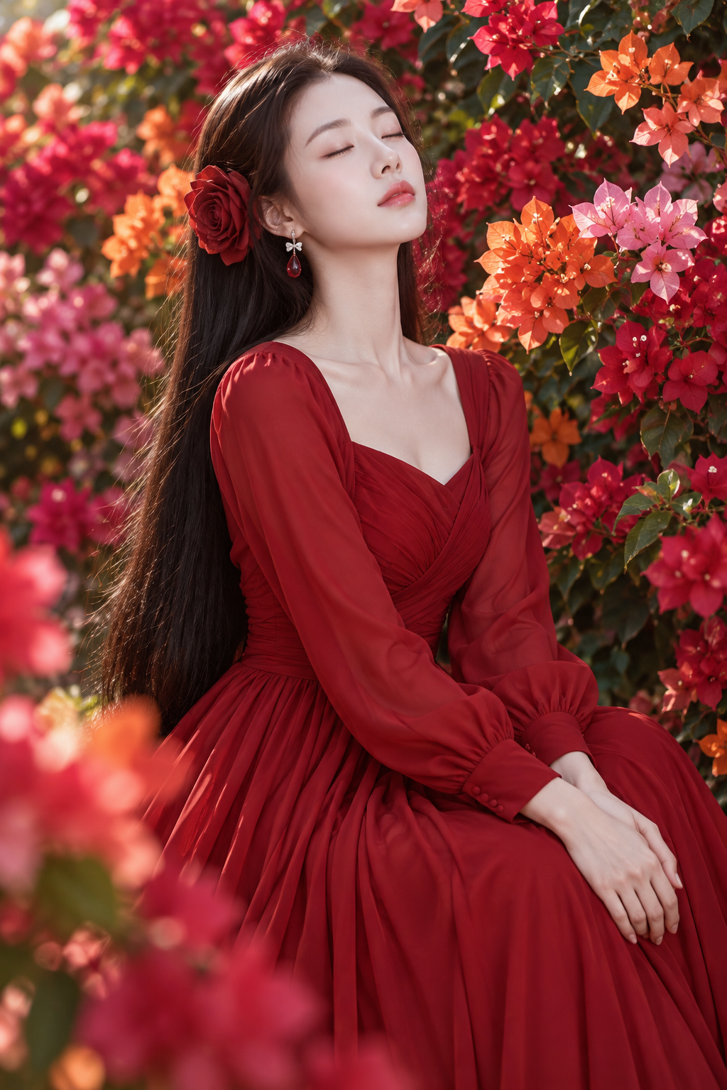 繁花背景中的绯红礼服成年女性肖像