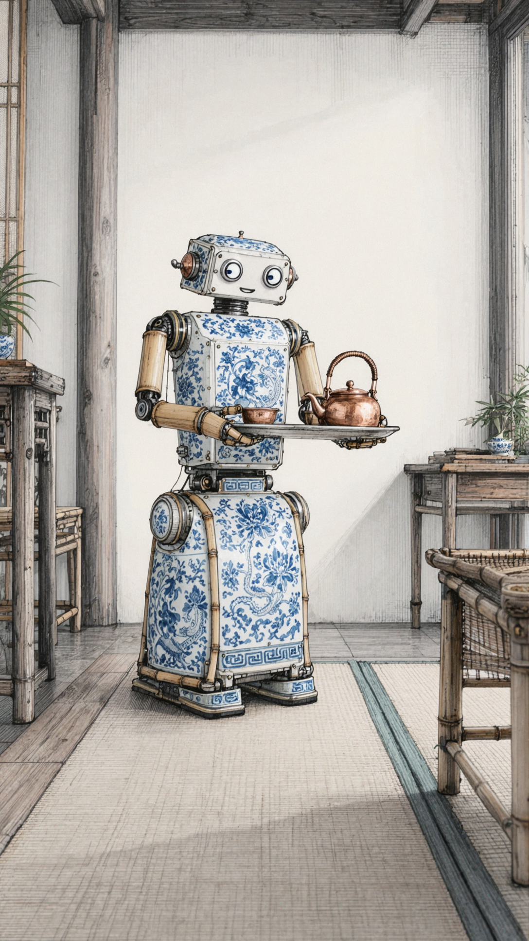 Robot trà sứ xanh · Tranh bút mực