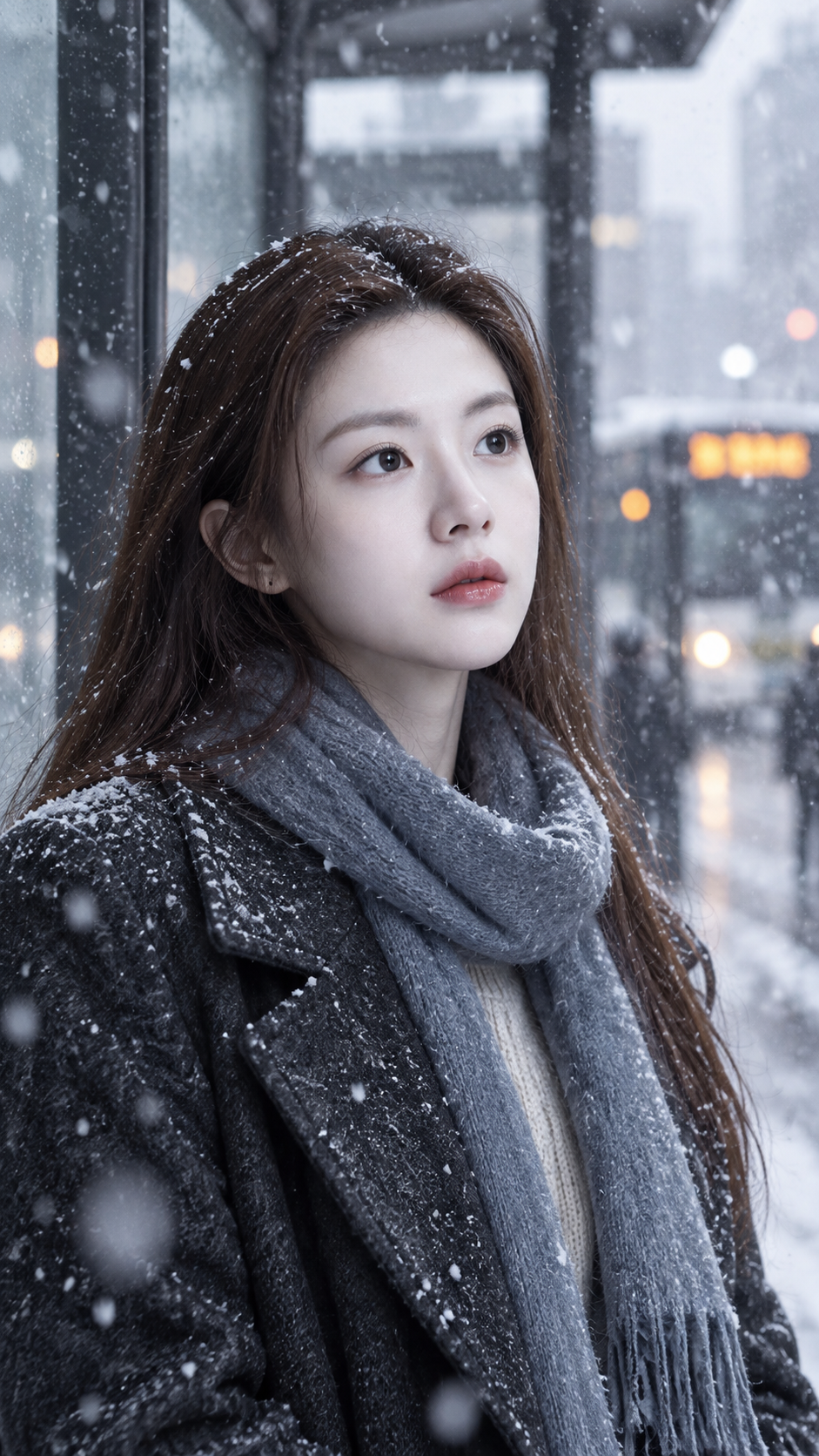 冬季都市站台飘雪电影感人像