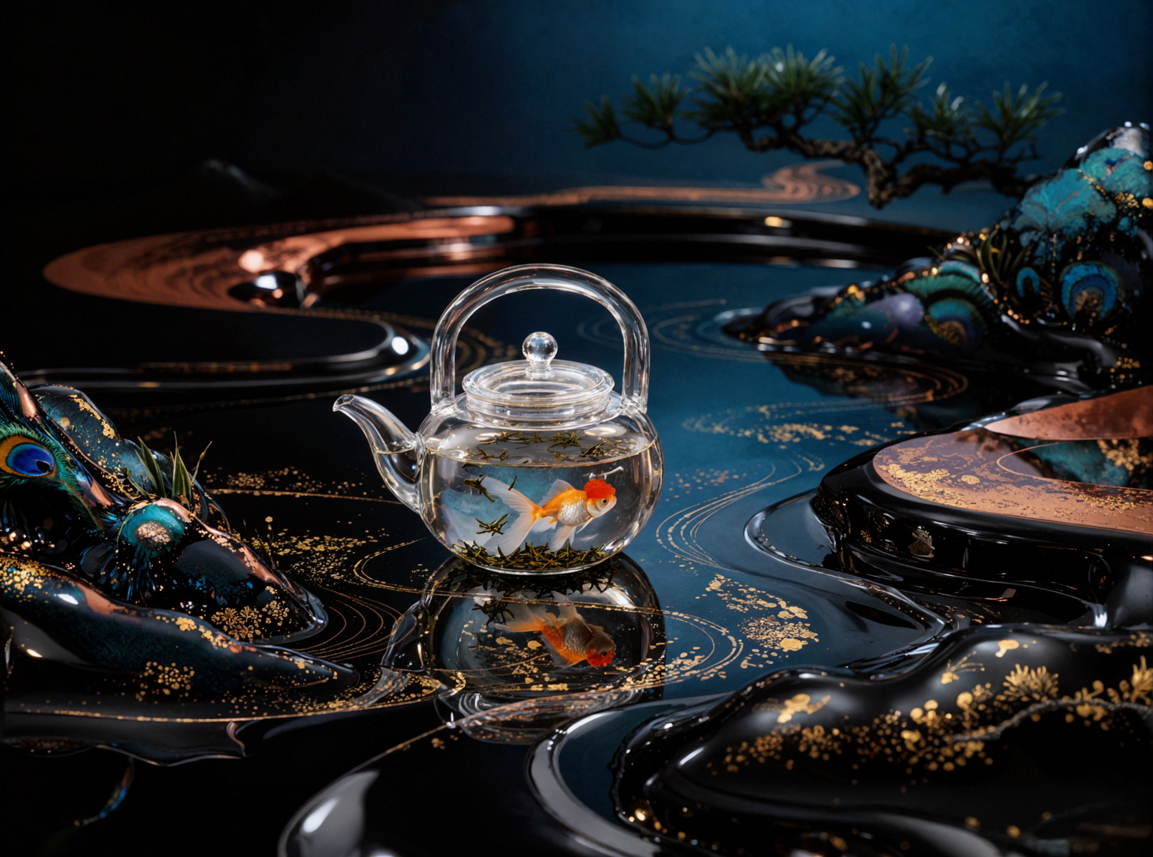 金鱼玻璃茶壶 · 黑金漆艺 — AI image creation