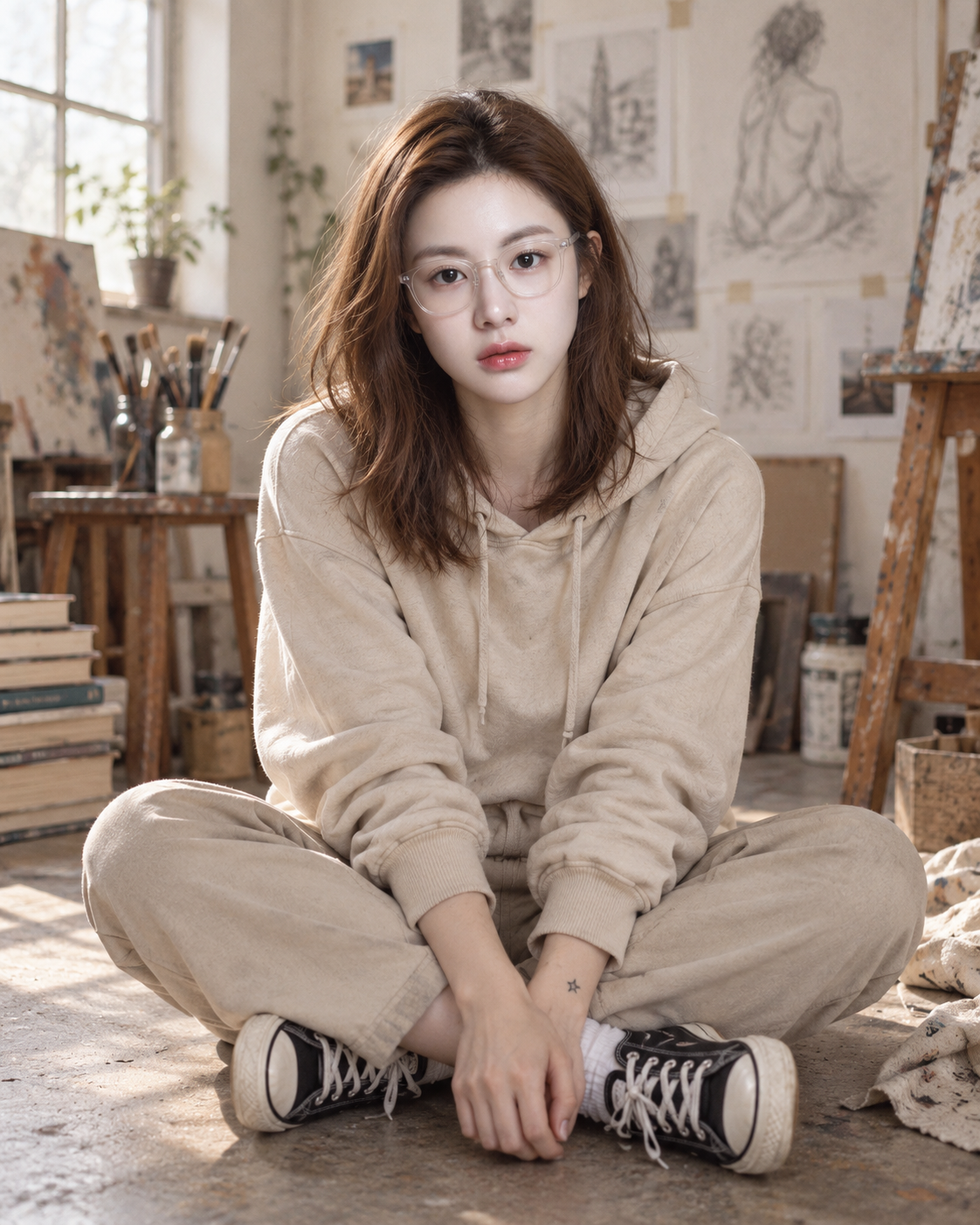午后画室里慵懒随性的文艺成年女性