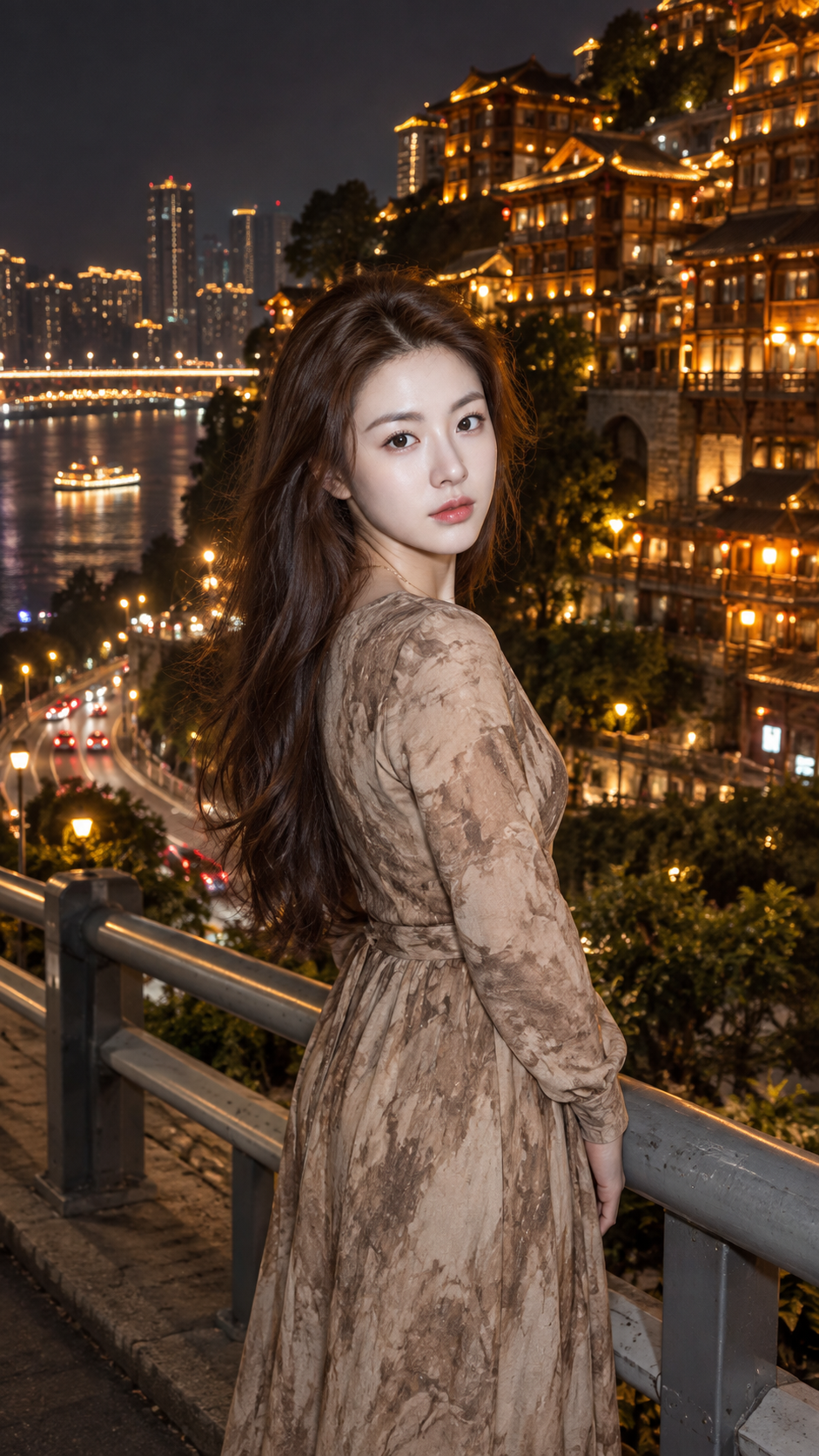 산성의 밤과 따뜻한 조명의 건물 속 뒤돌아보는 인물