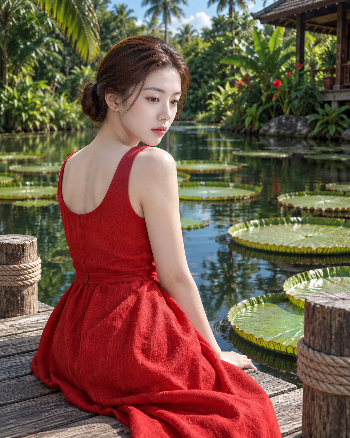 붉은 드레스와 대형 수련이 어우러진 열대 연못 인물화