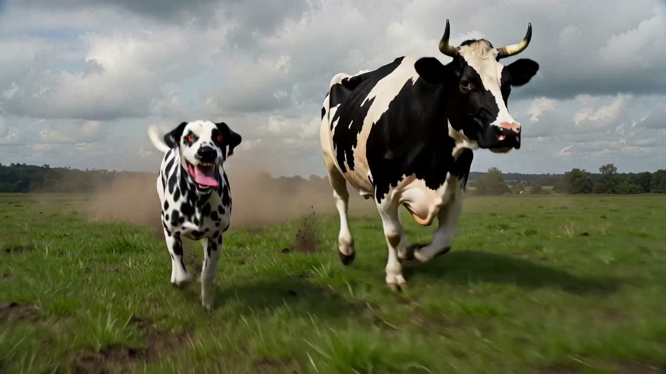 疾走する斑点の猛犬と乳牛の融合 — AI video creation