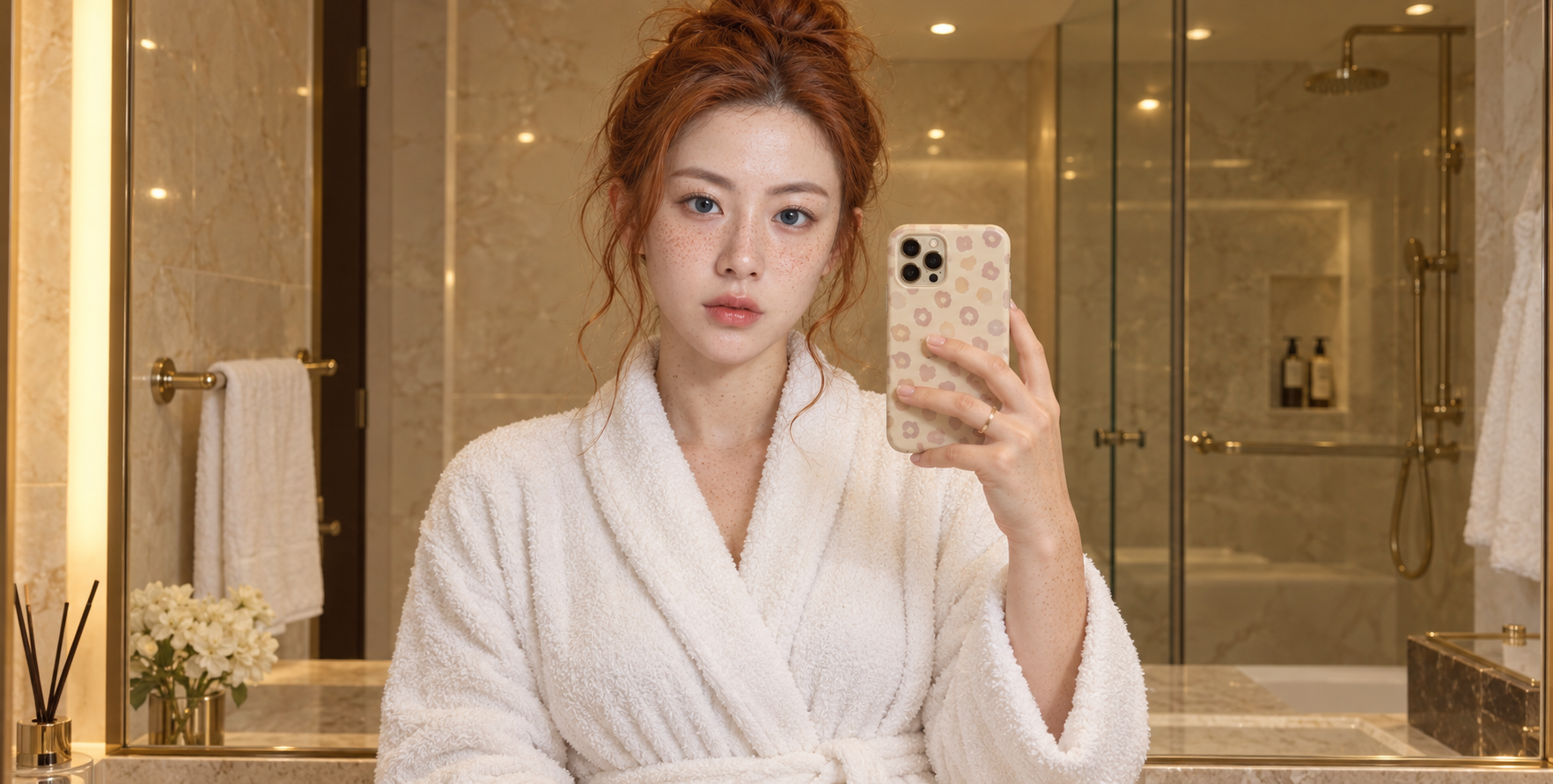 慵懒晨光中的成年红发雀斑女性自拍