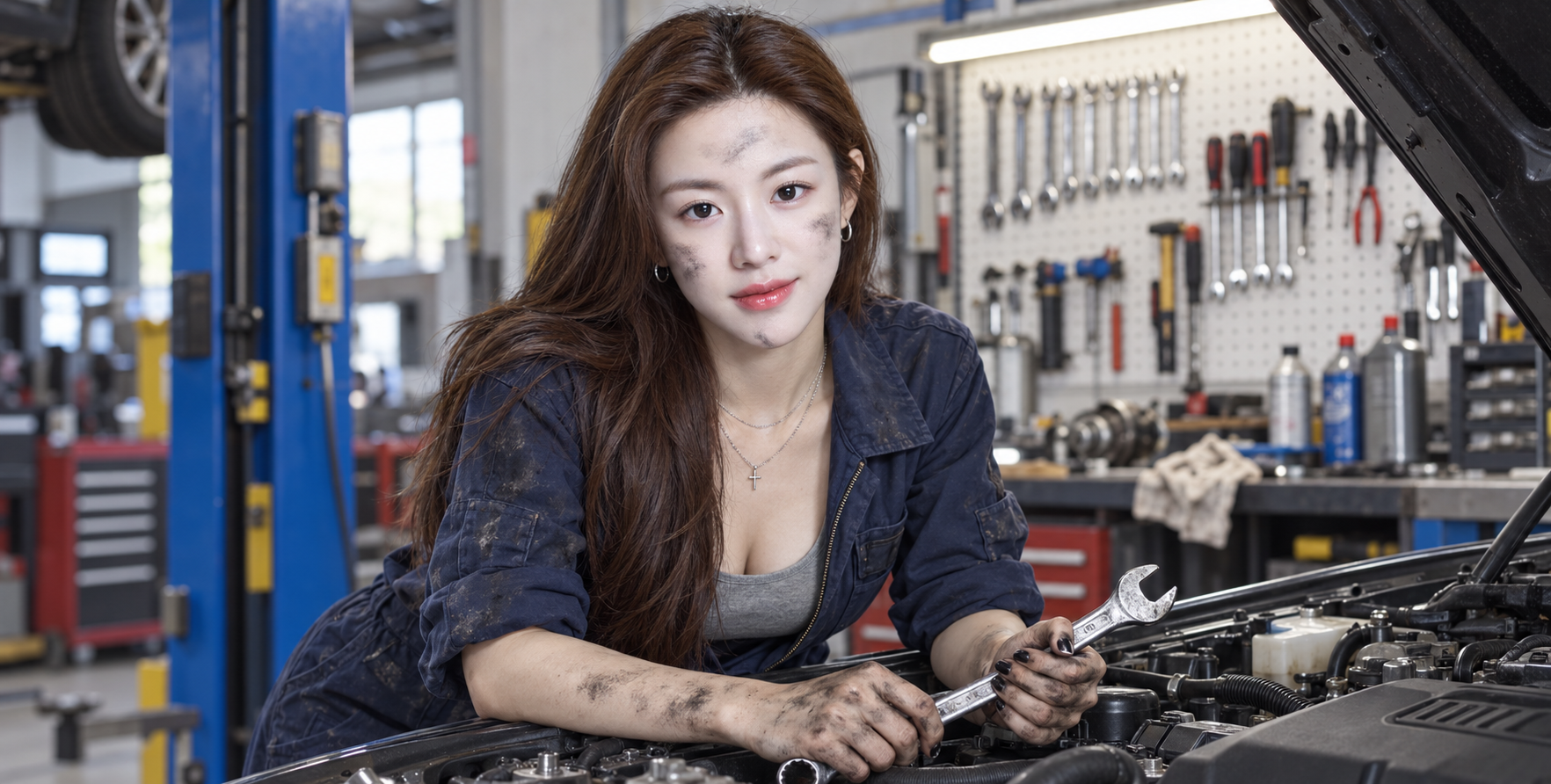 차고에 있는 성인 여성 정비사의 초상