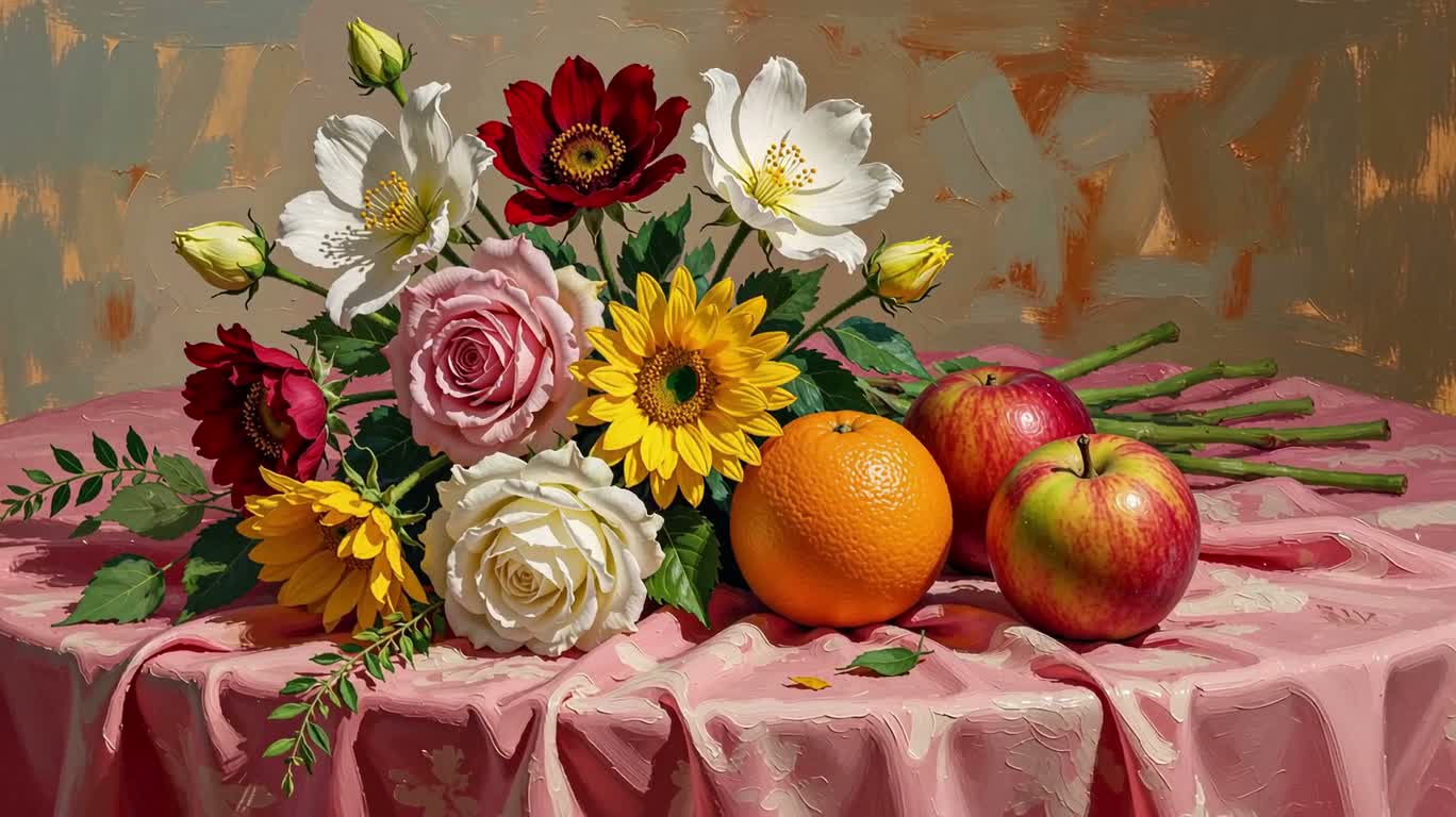 Fauvist Fruit and Flowers Still Life on a Pink Tablecloth