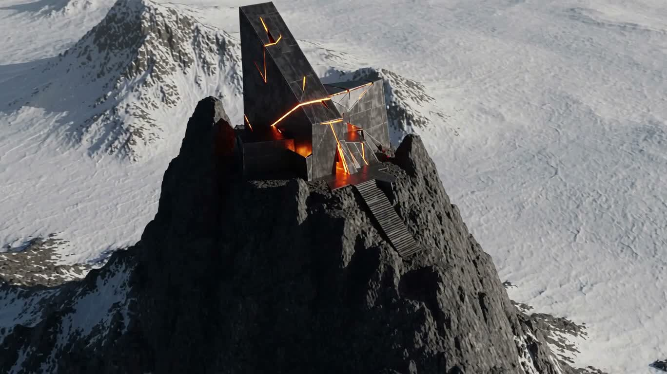 Black Geometric Mansion in Lava Cliffs — AI video creation