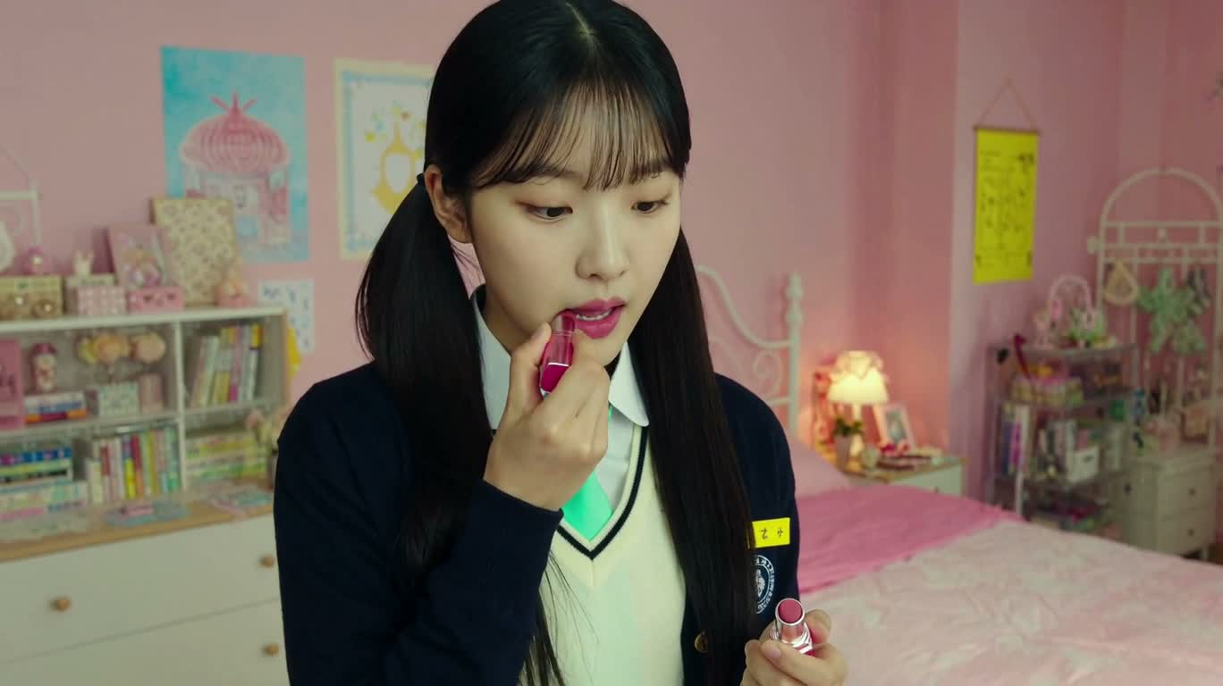 Korean Drama School Morning in a Sunny Pink Bedroom