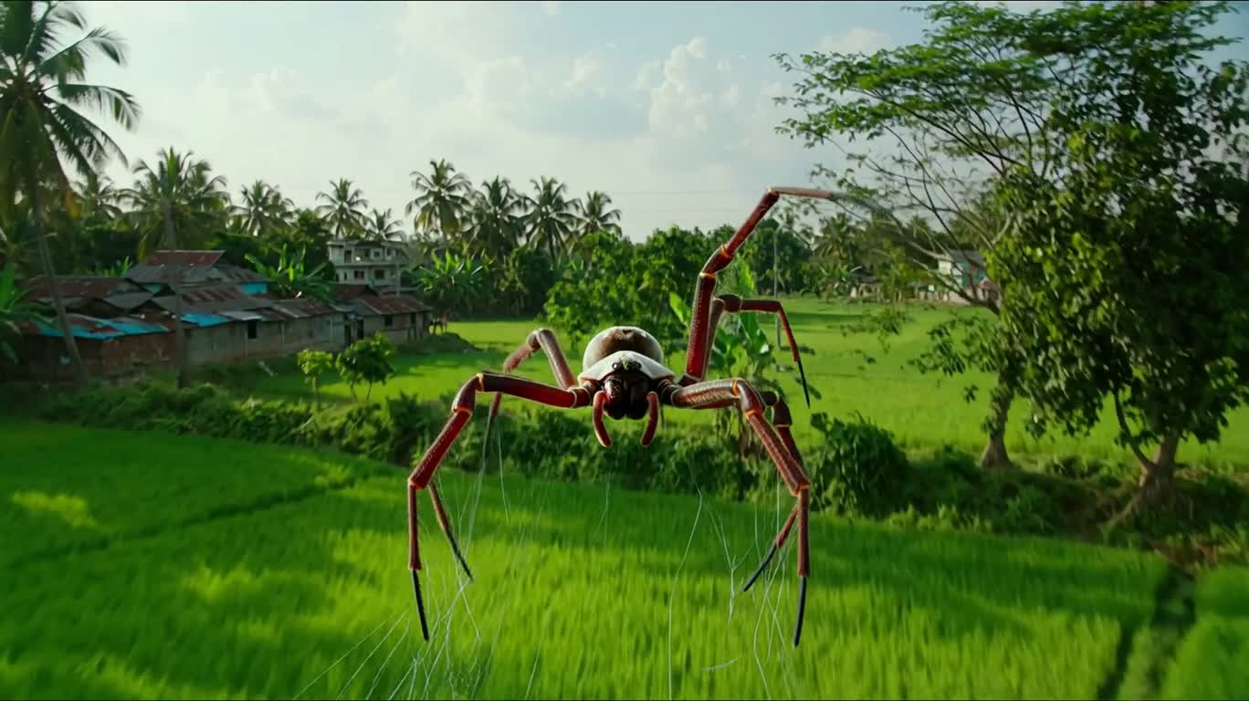 Гигантский летающий паук над сельской местностью Бангладеш — AI video creation
